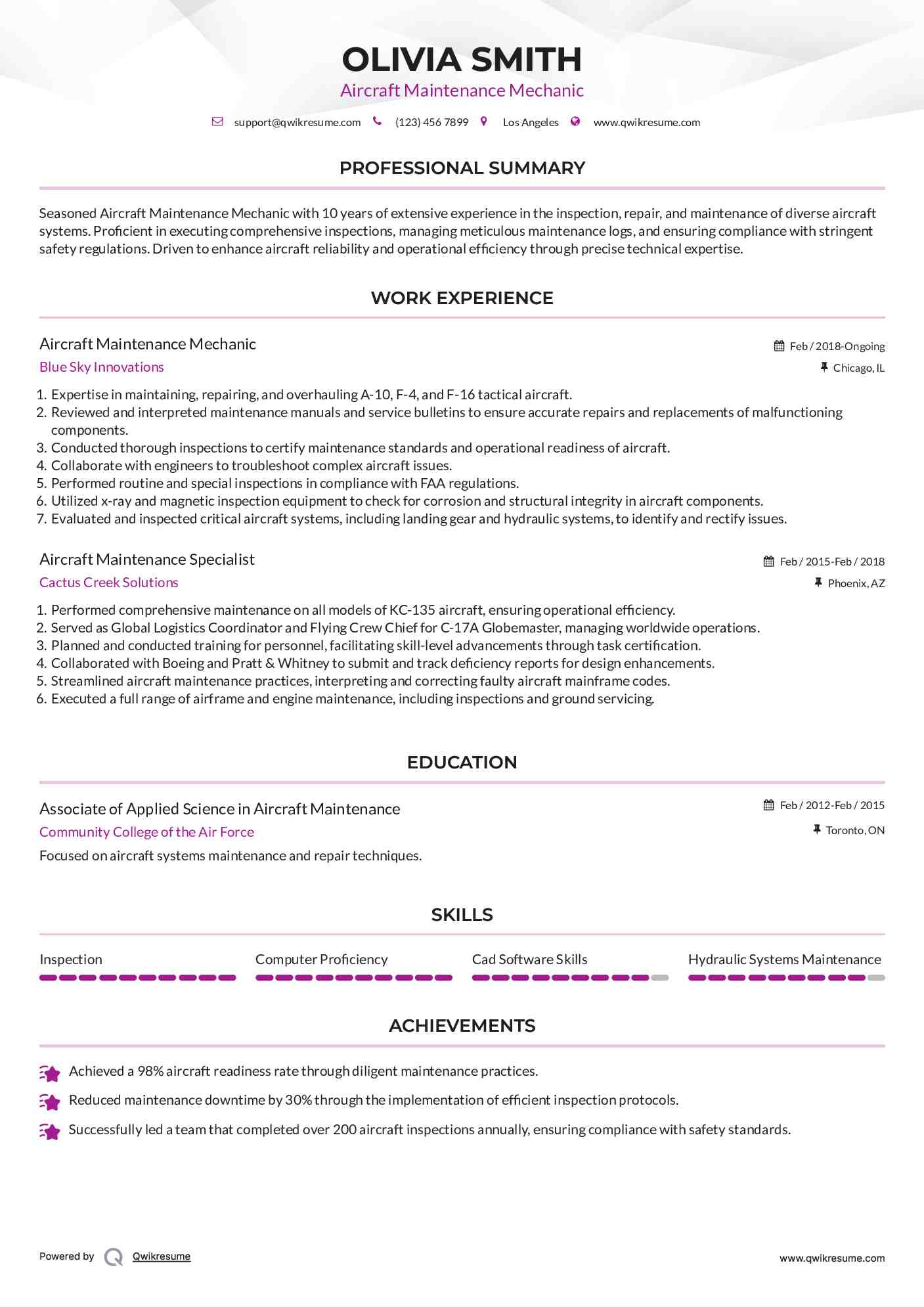 Aircraft Maintenance Mechanic Resume Example