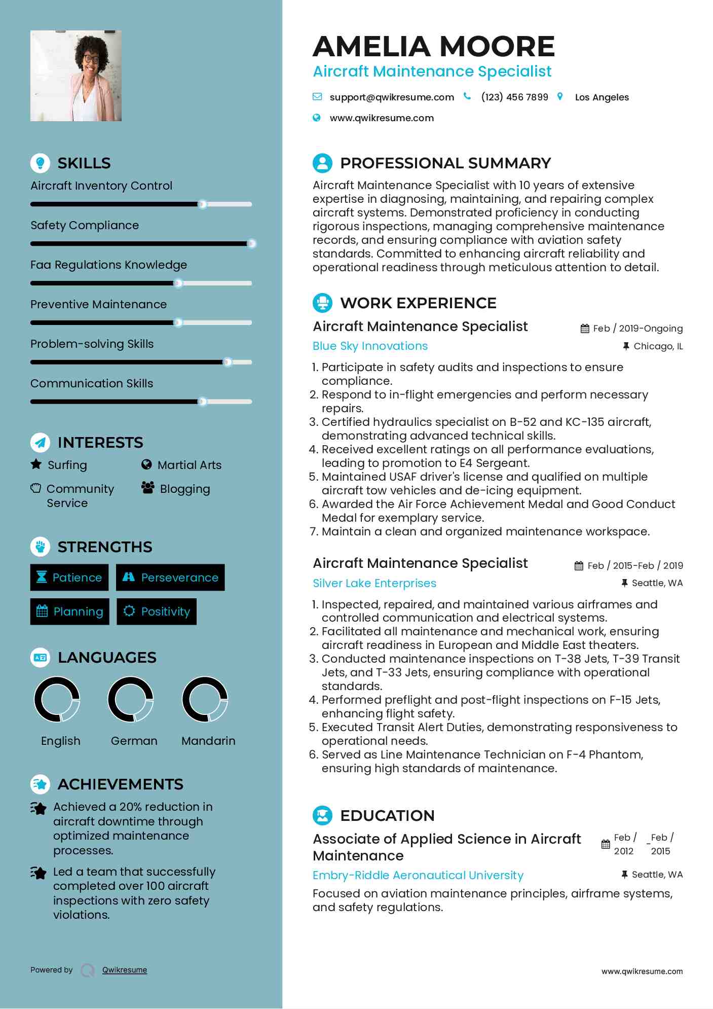 Aircraft Maintenance Specialist Resume Sample