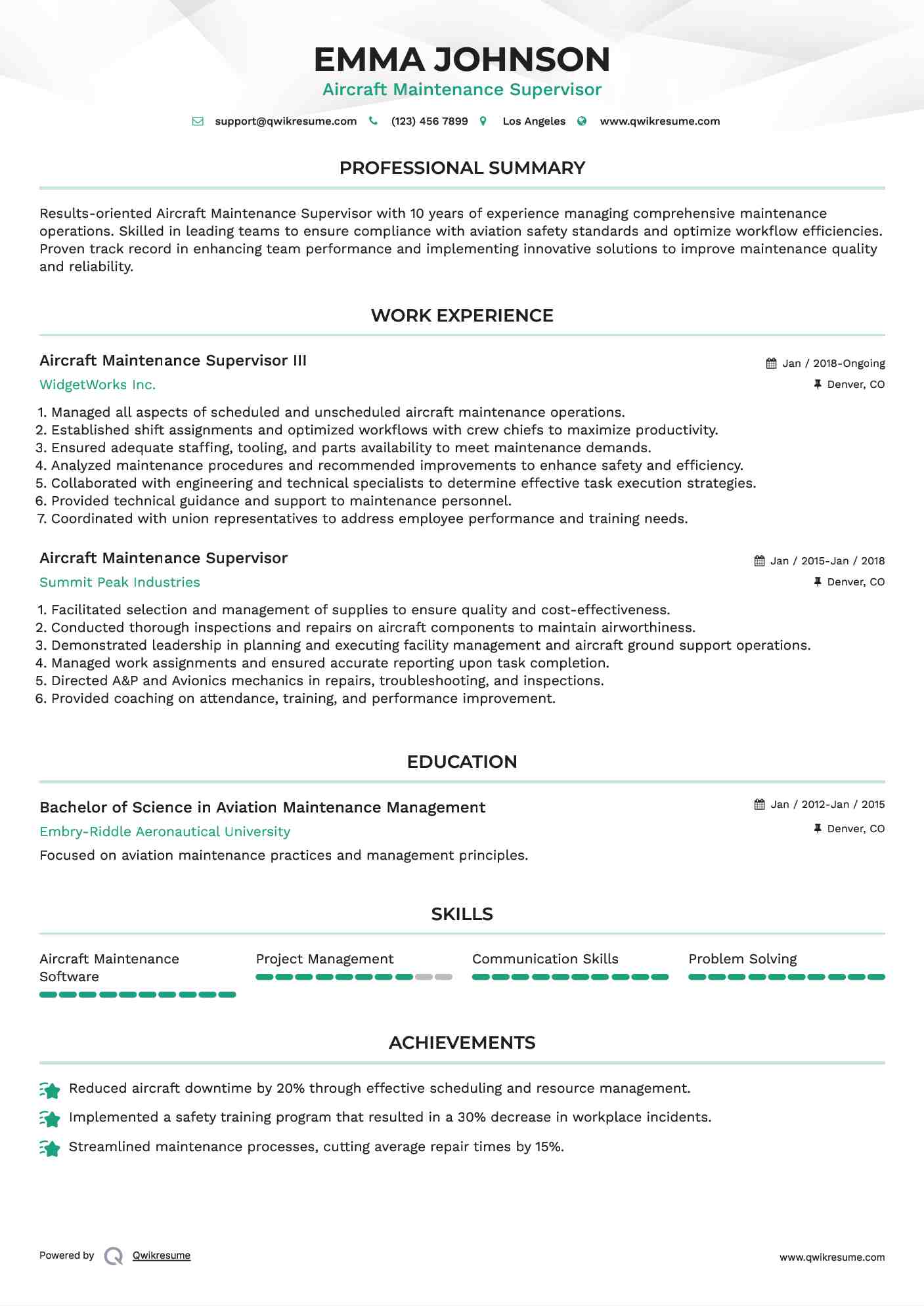 Aircraft Maintenance Supervisor III Resume Model