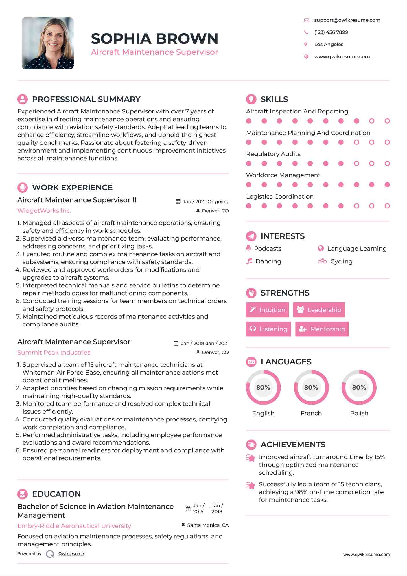 Aircraft Maintenance Supervisor II Resume Template