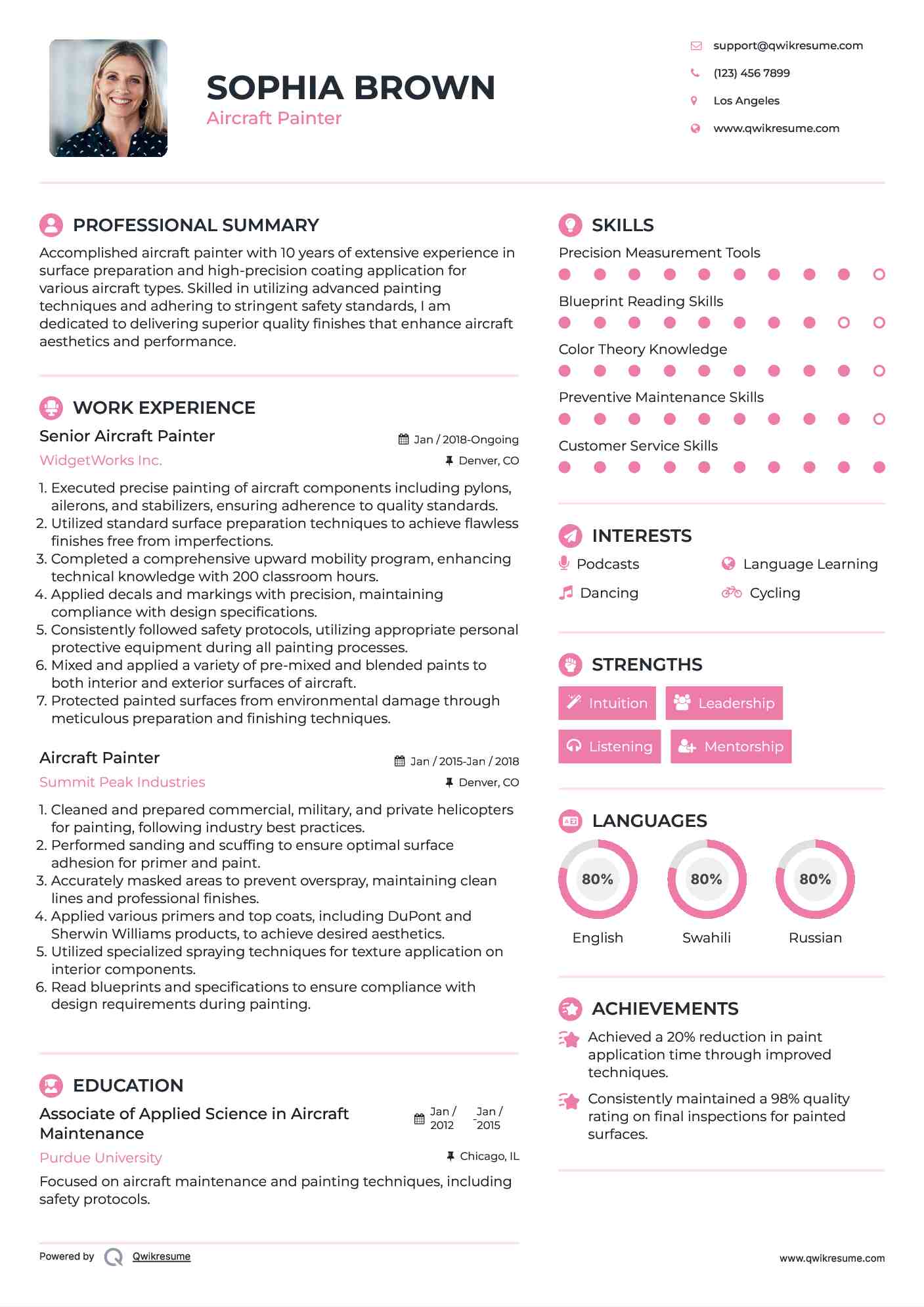 Senior Aircraft Painter Resume Example