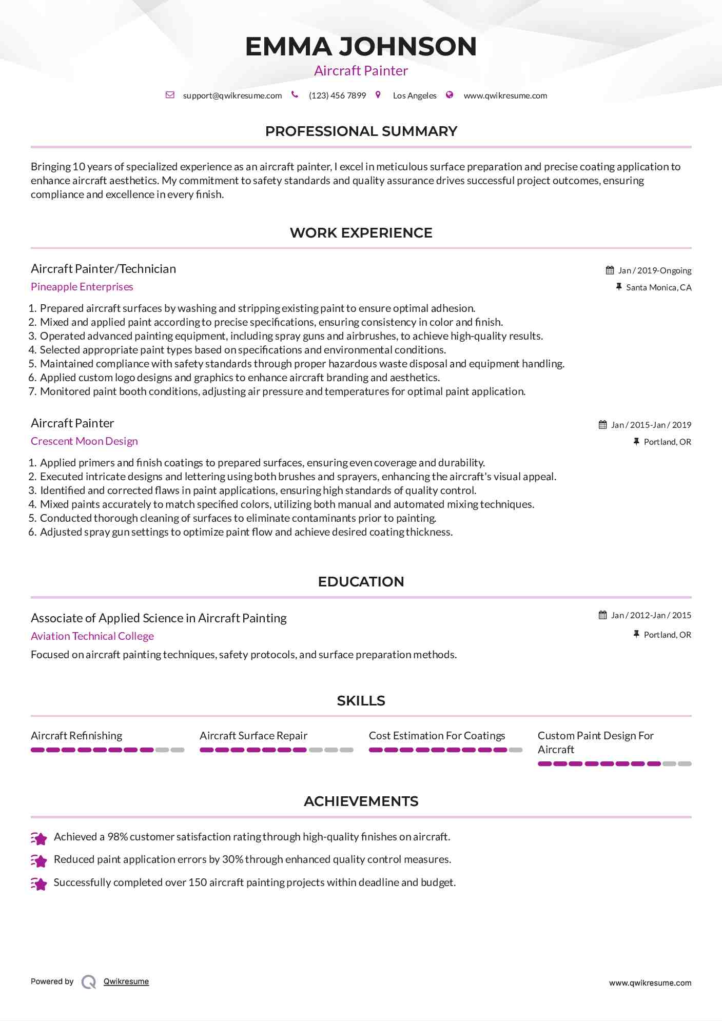 Aircraft Painter/Technician Resume Sample