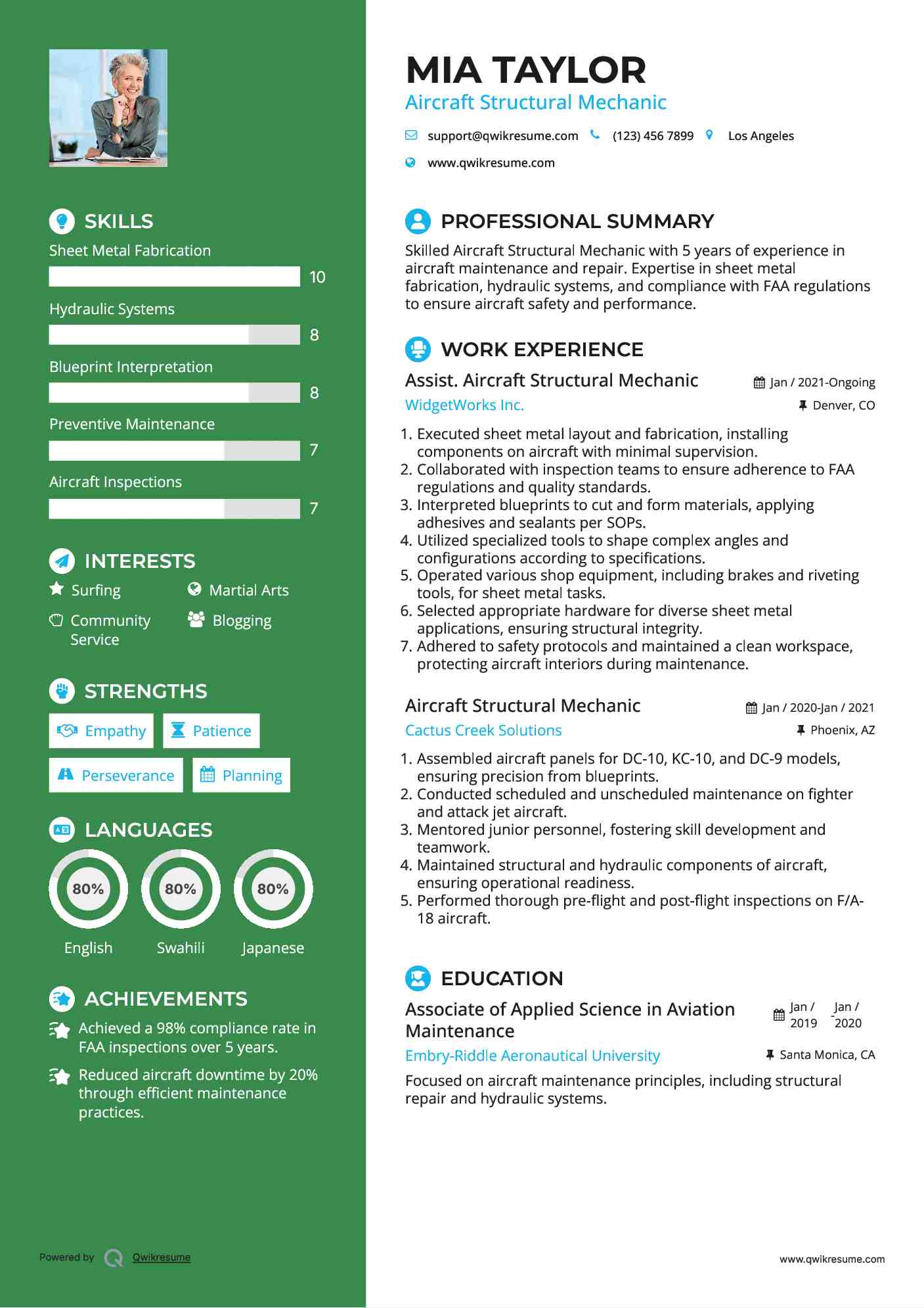 Assist. Aircraft Structural Mechanic Resume Template