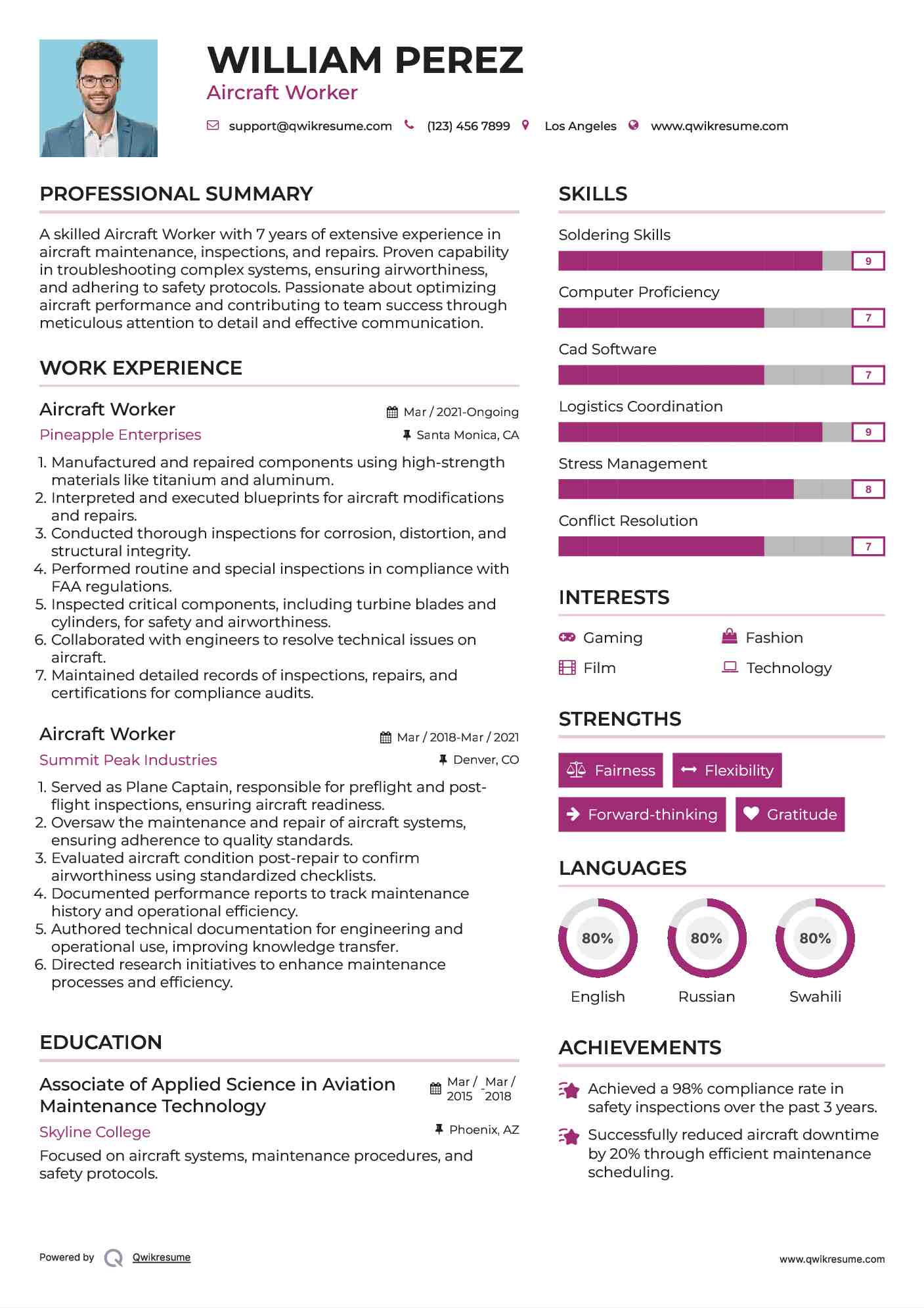Aircraft Worker Resume Model
