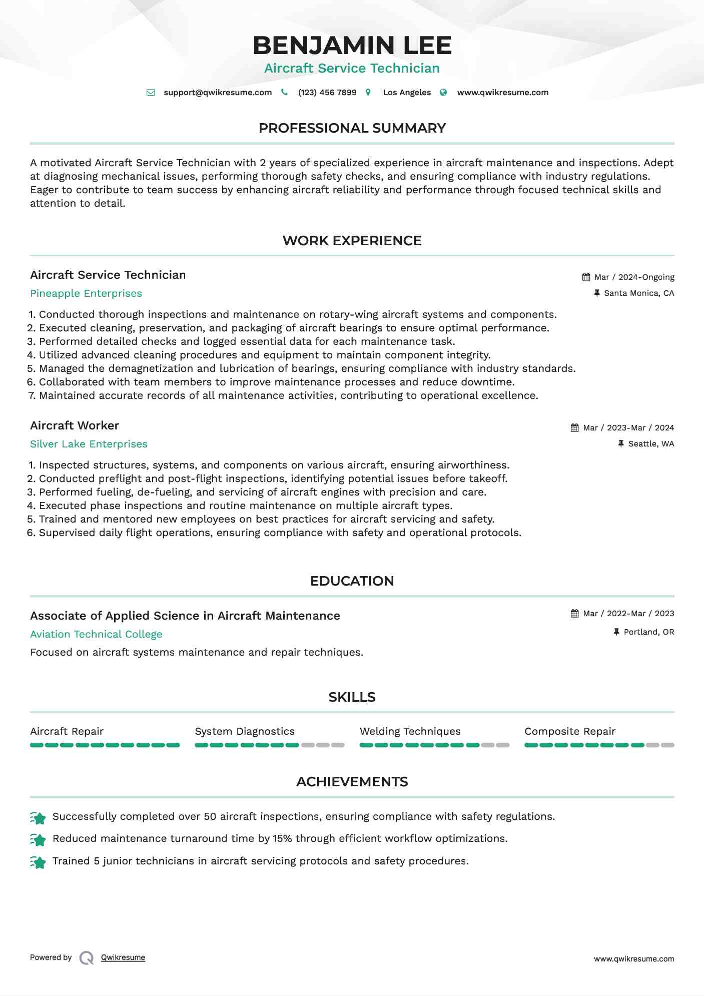 Aircraft Service Technician Resume Sample