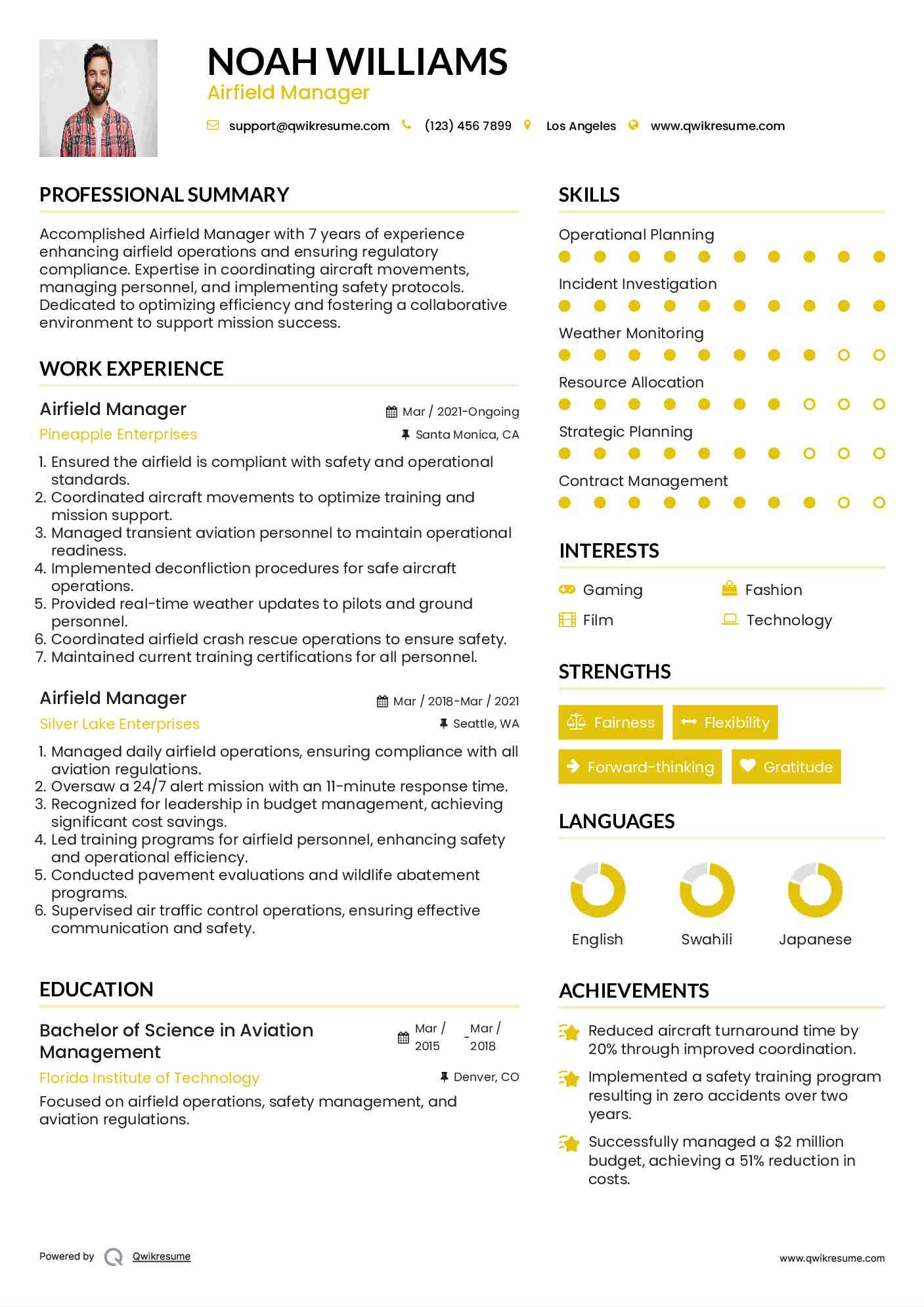 Airfield Manager Resume Sample