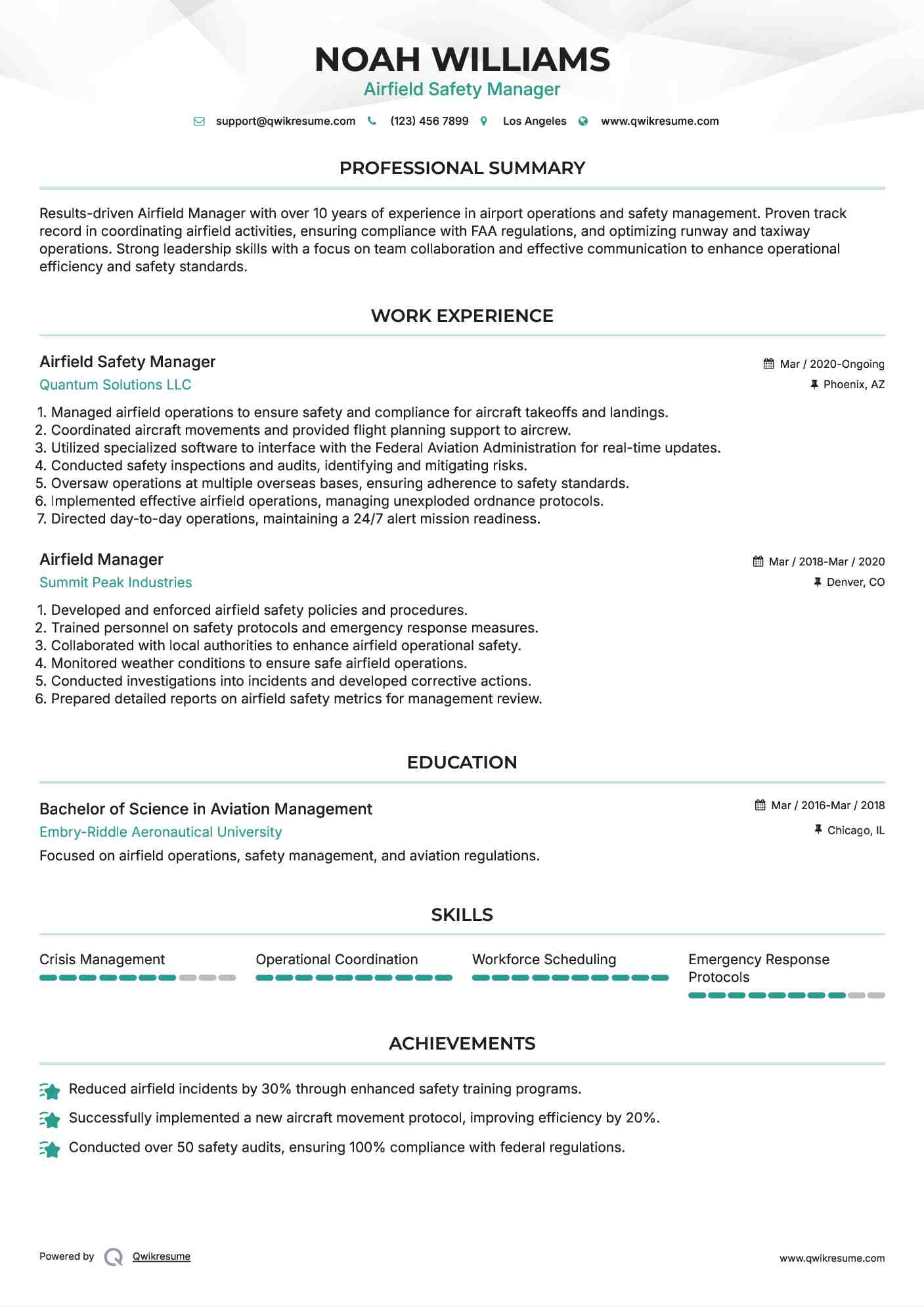 Airfield Safety Manager Resume Format