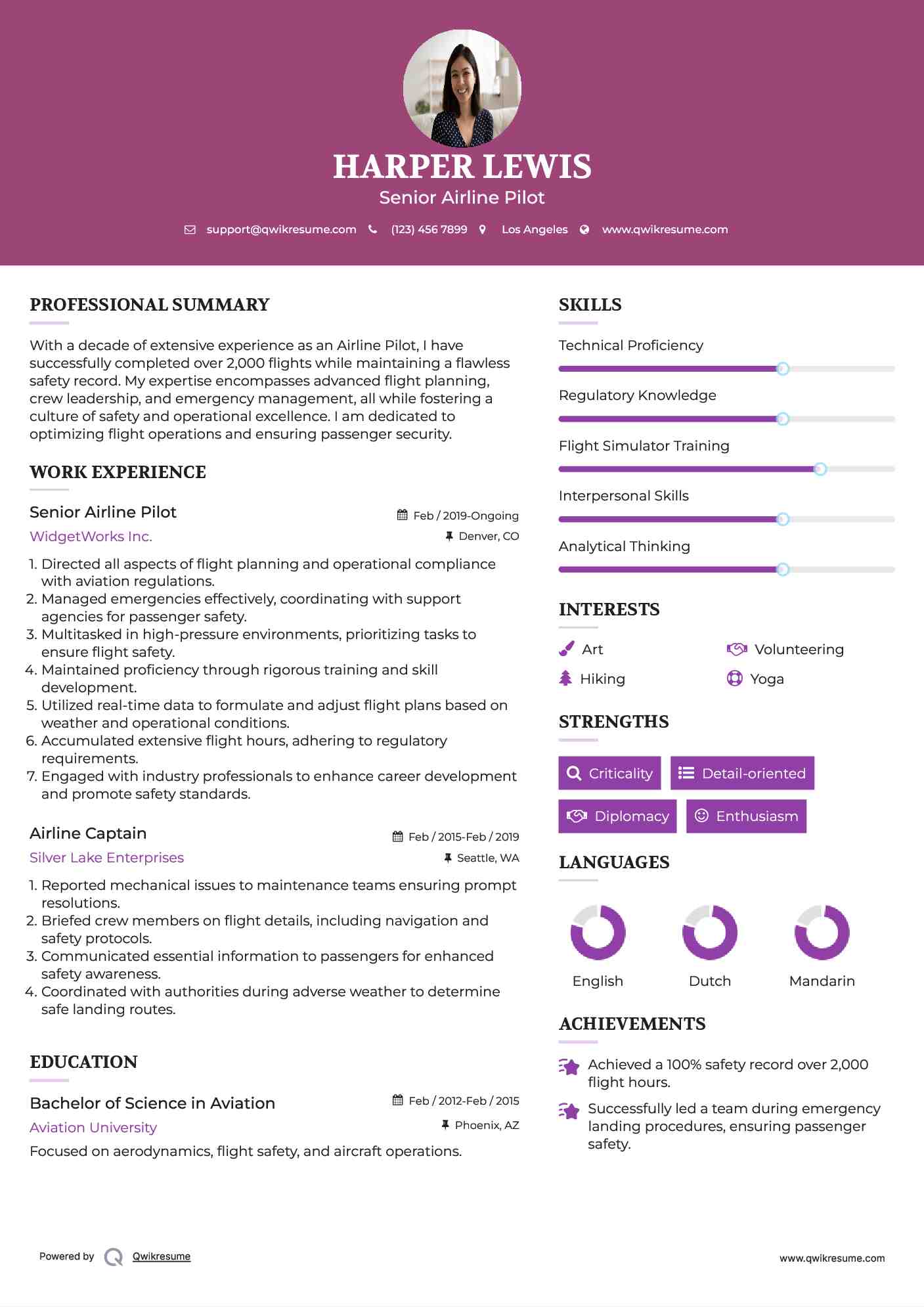 Senior Airline Pilot Resume Example