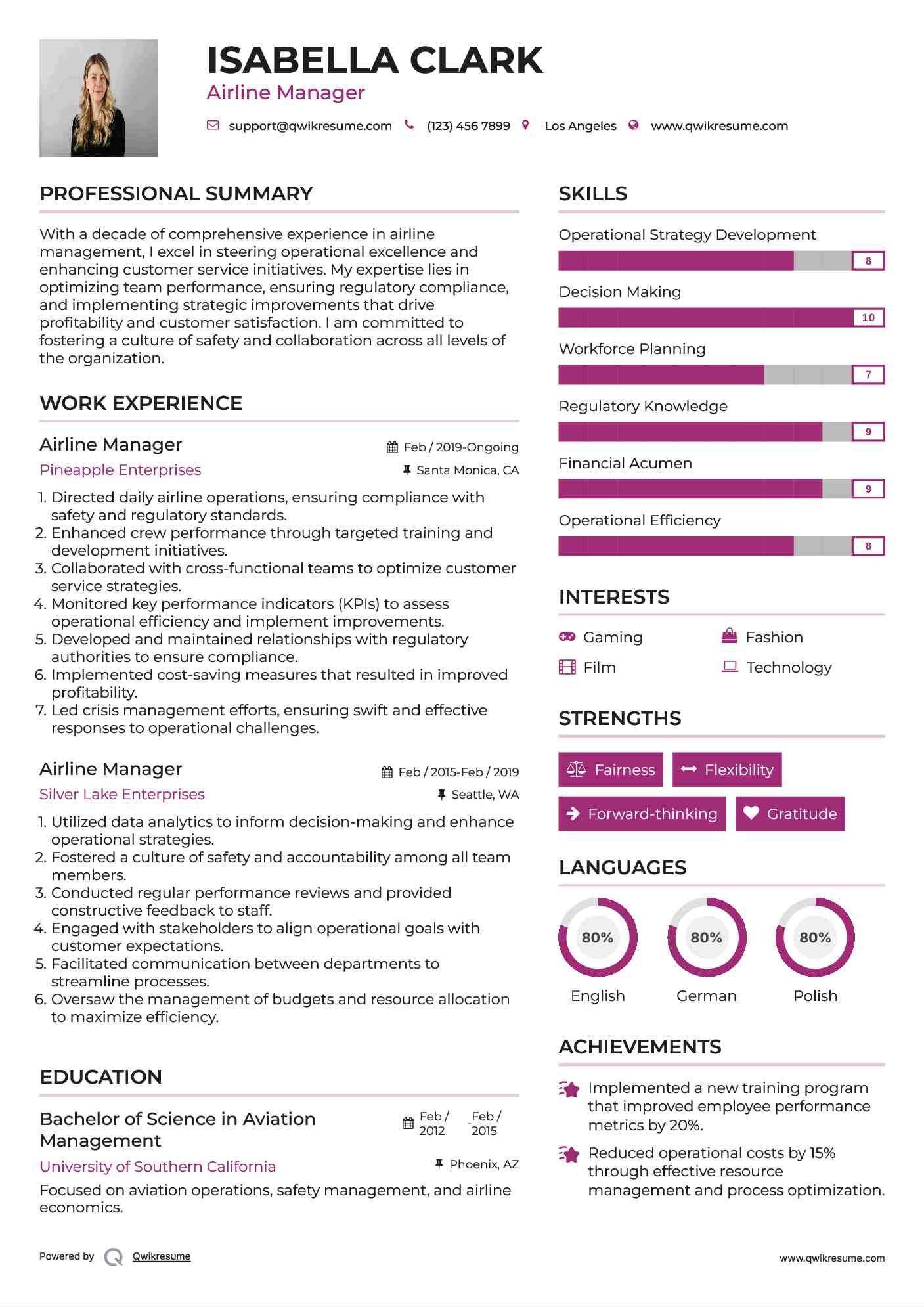 Airline Manager Resume Format