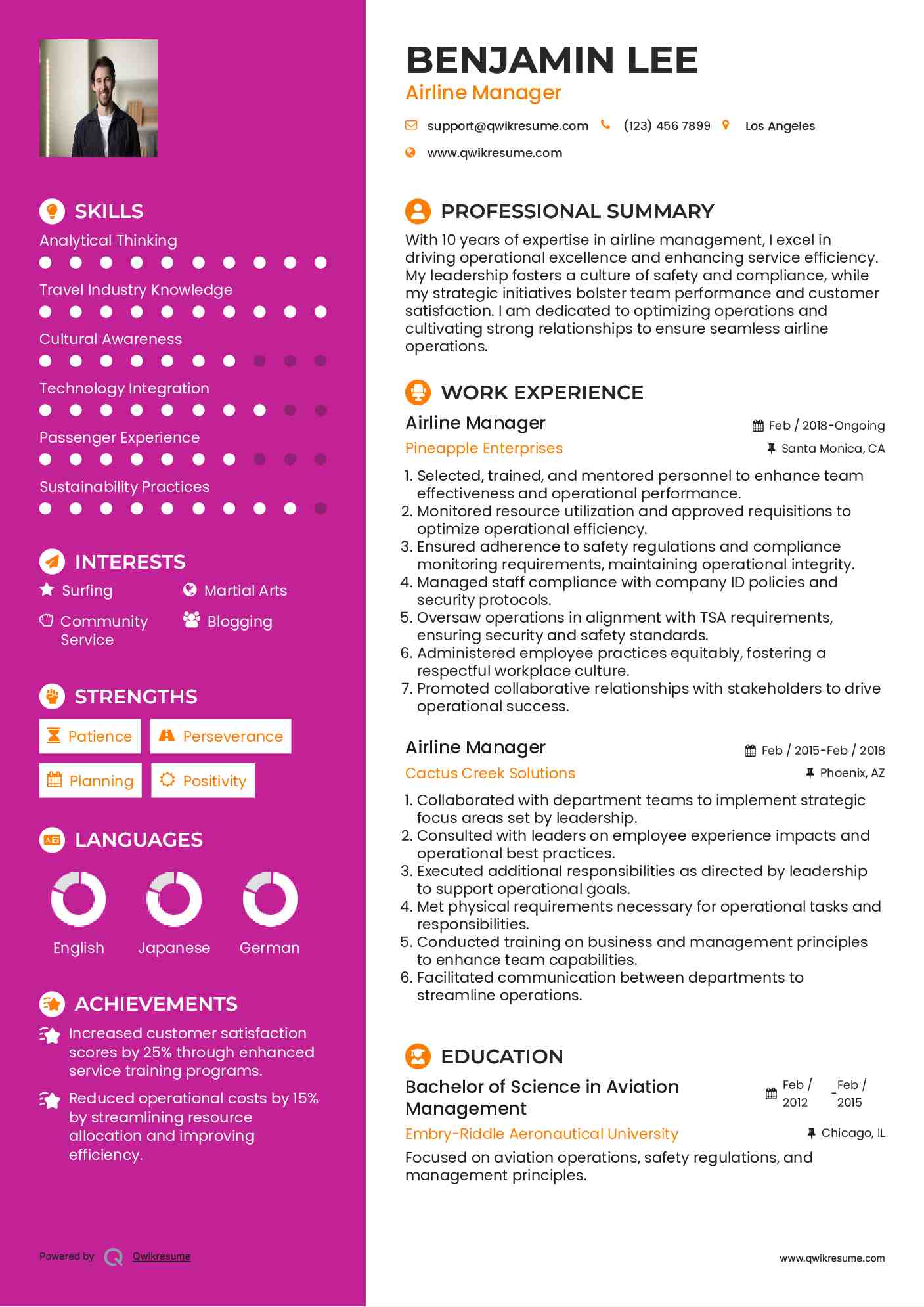 Airline Manager Resume Model