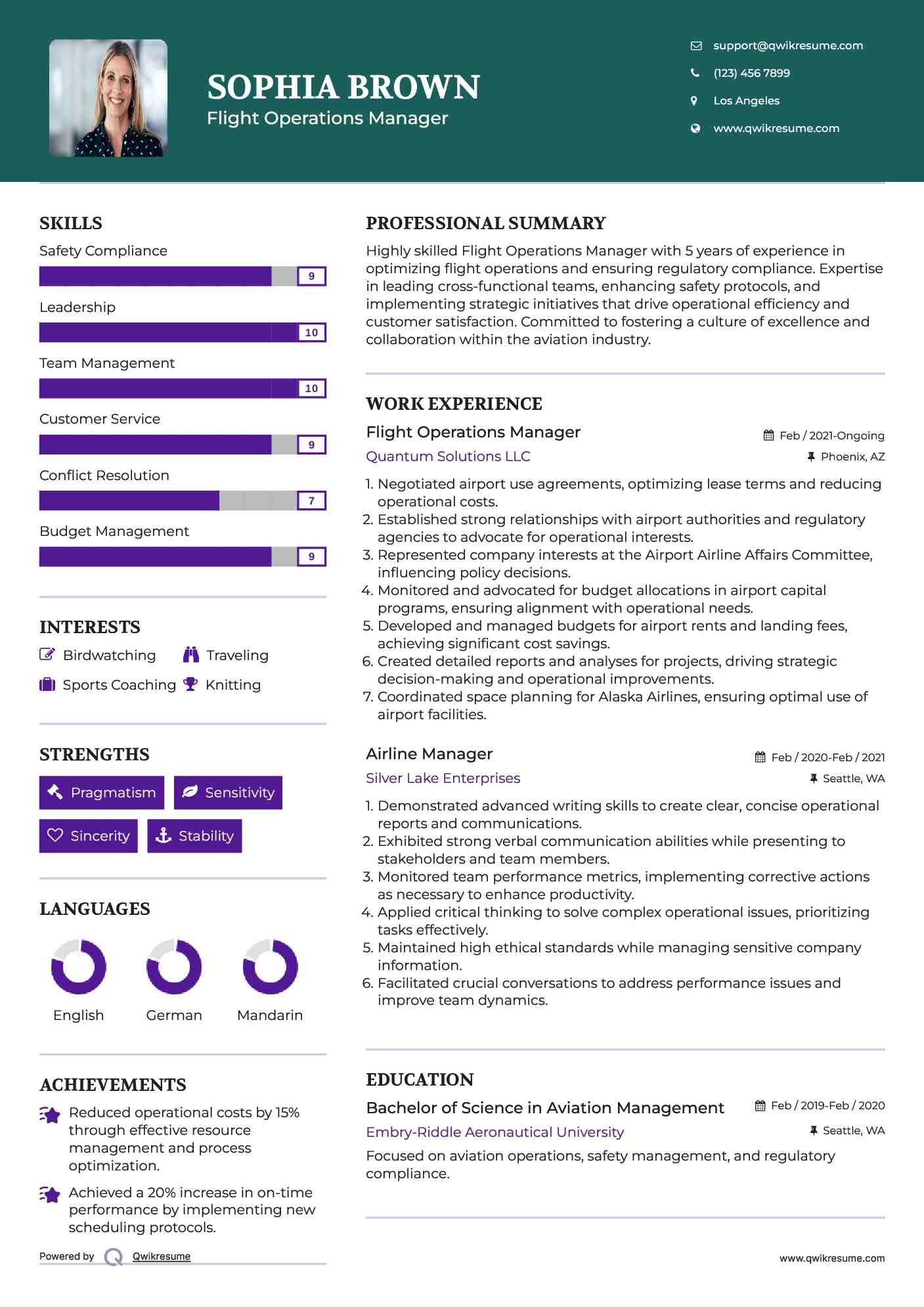 Flight Operations Manager Resume Sample