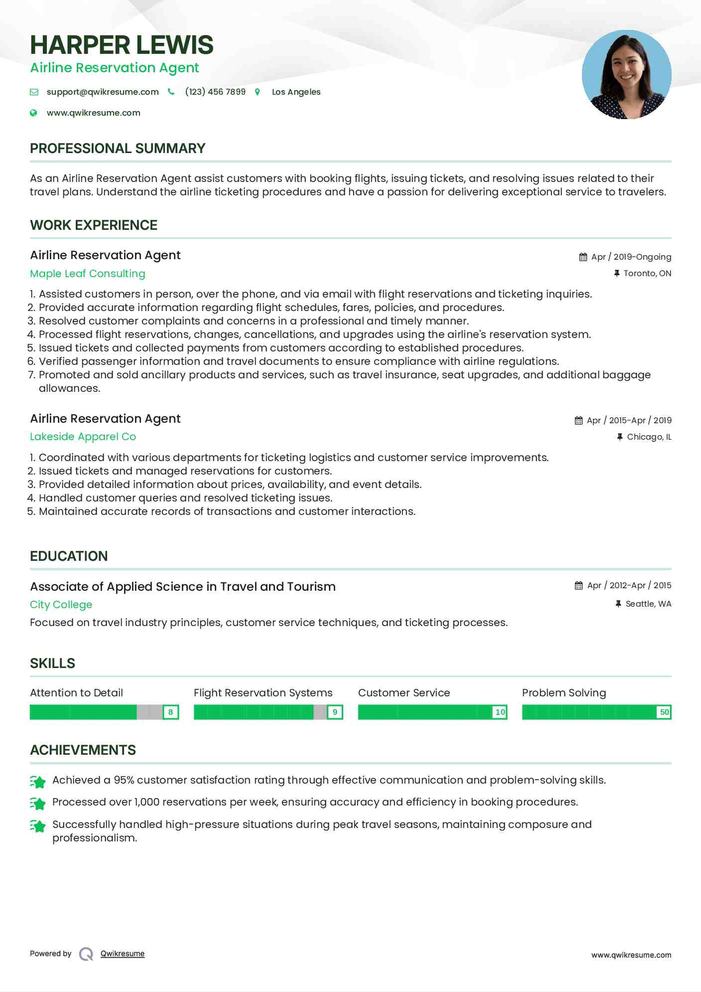 Airline Reservation Agent Resume Example