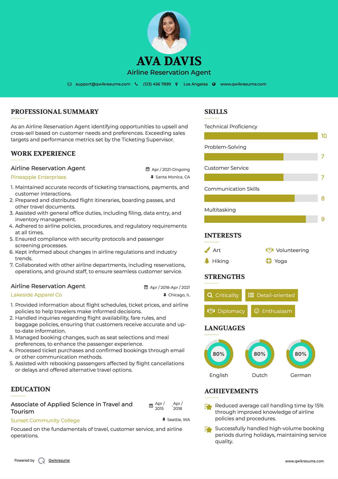 Airline Reservation Agent Resume Sample