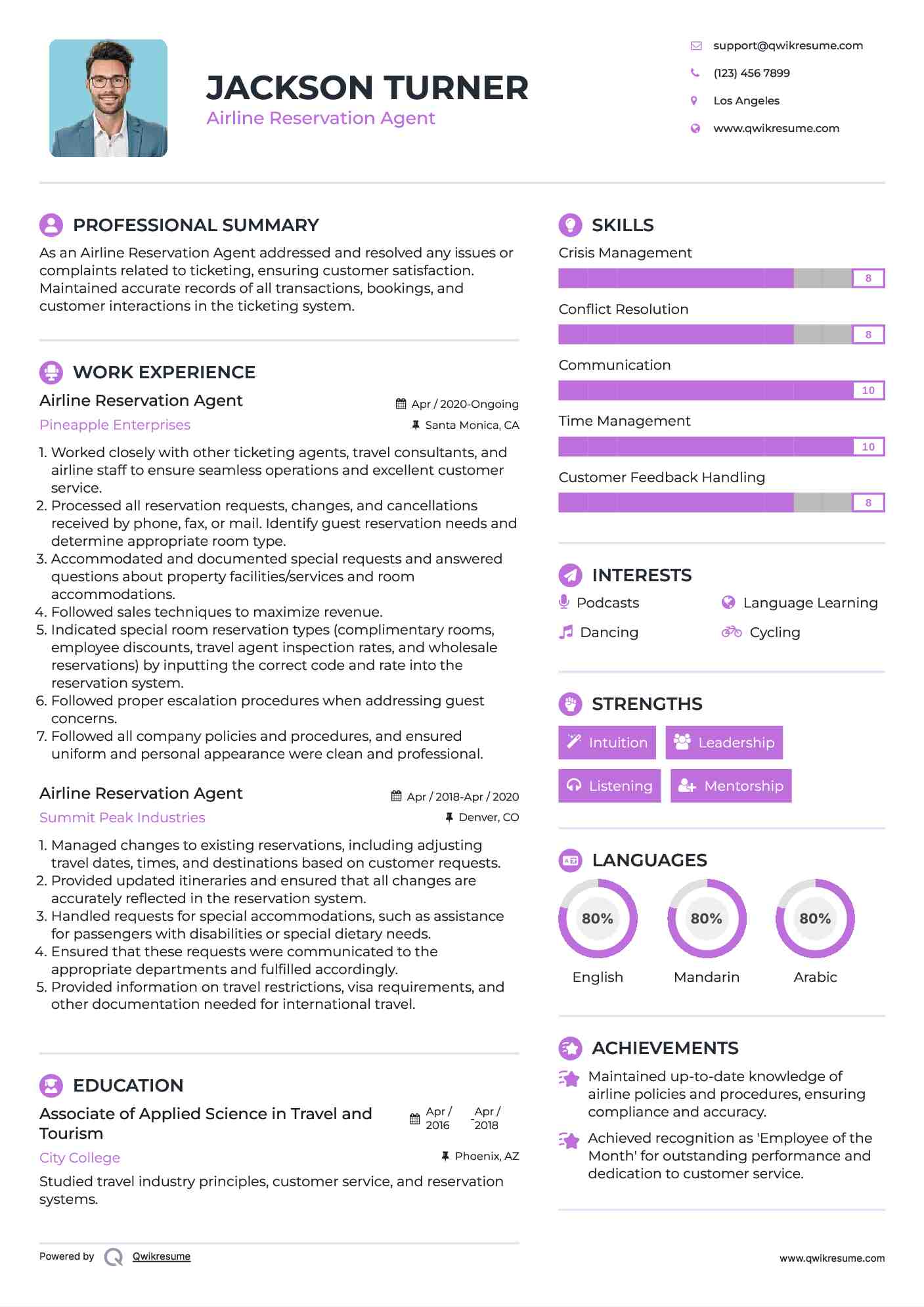 Airline Reservation Agent Resume Example