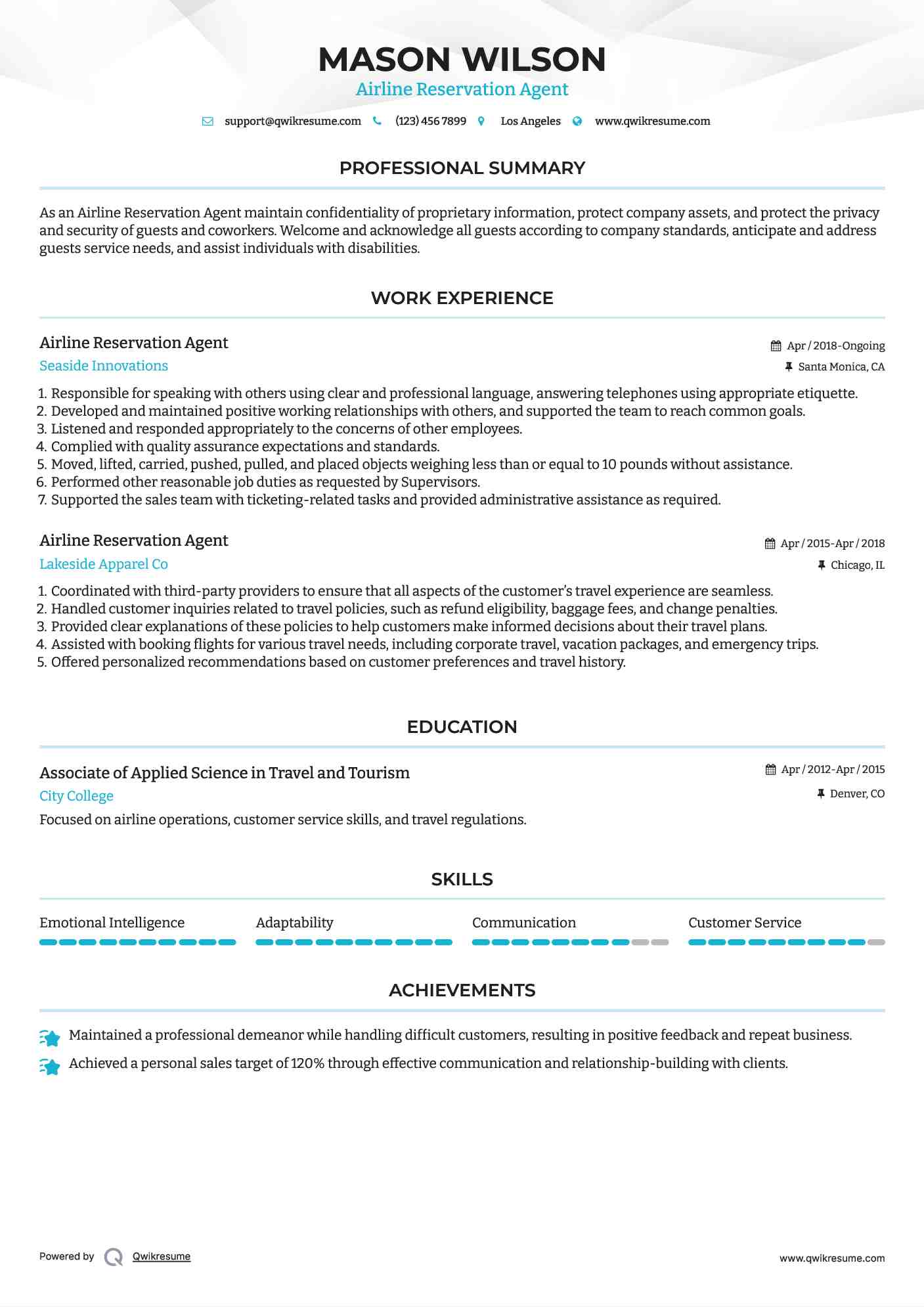 Airline Reservation Agent Resume Template