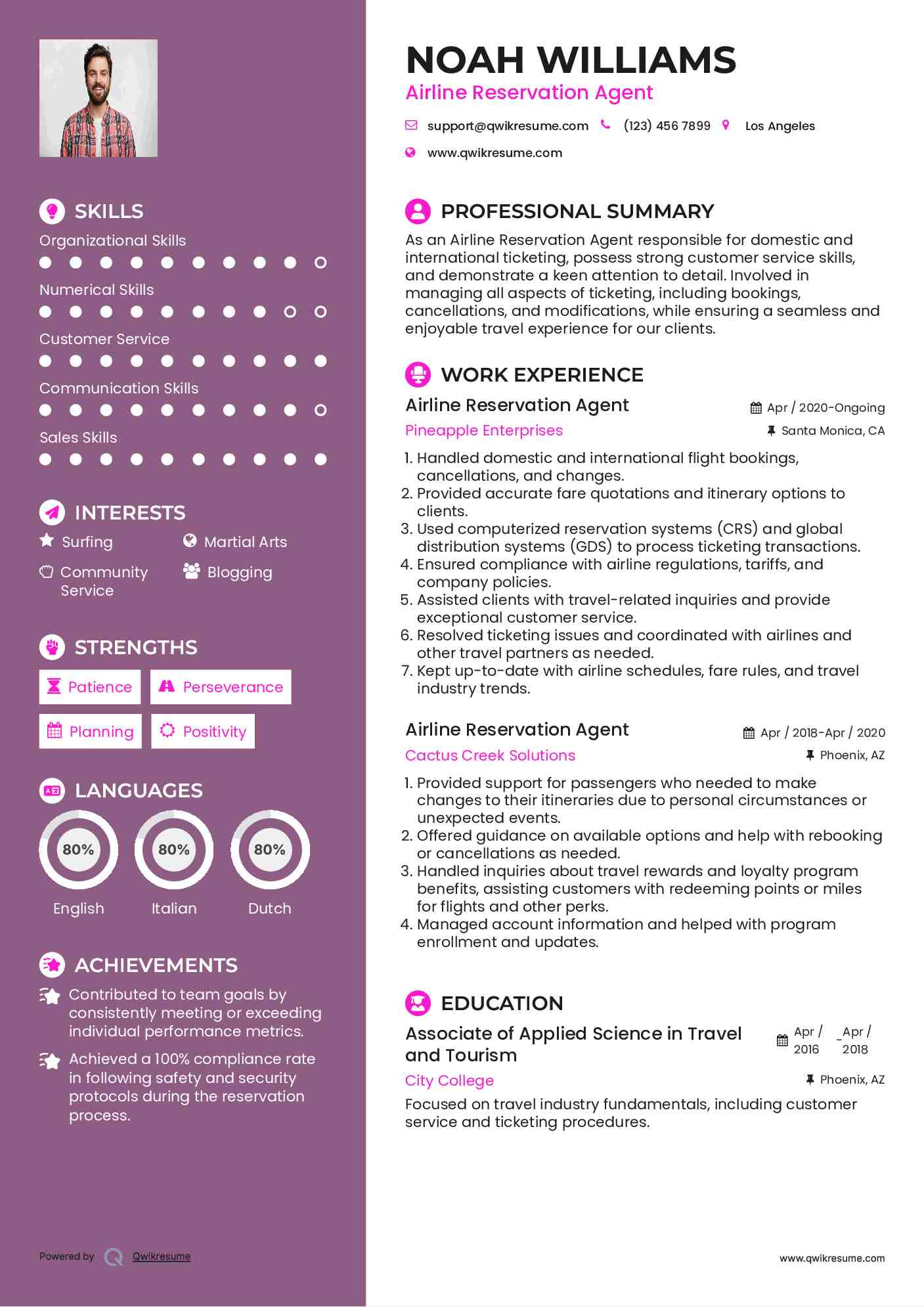 Airline Reservation Agent Resume Model