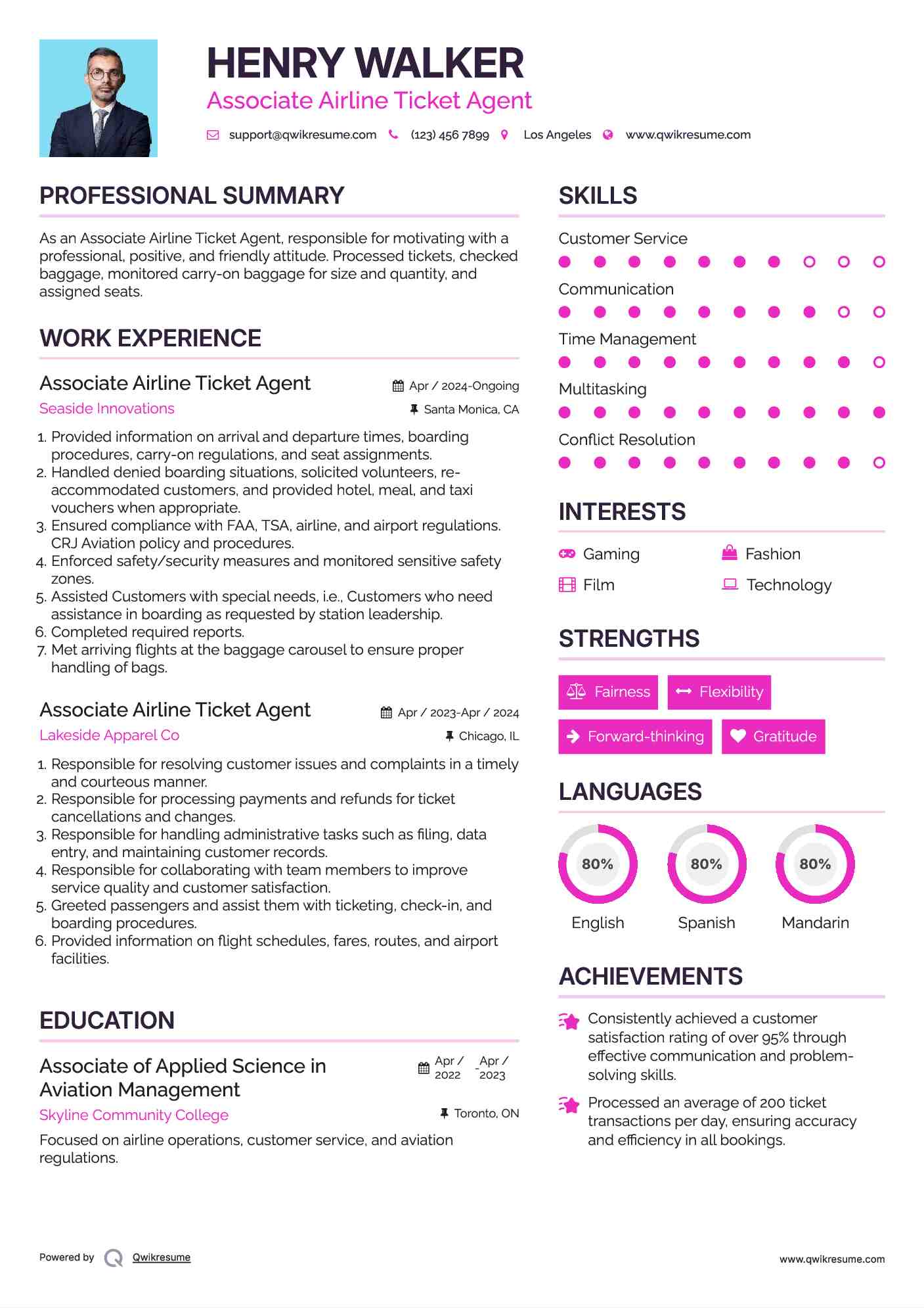 Associate Airline Ticket Agent Resume Model