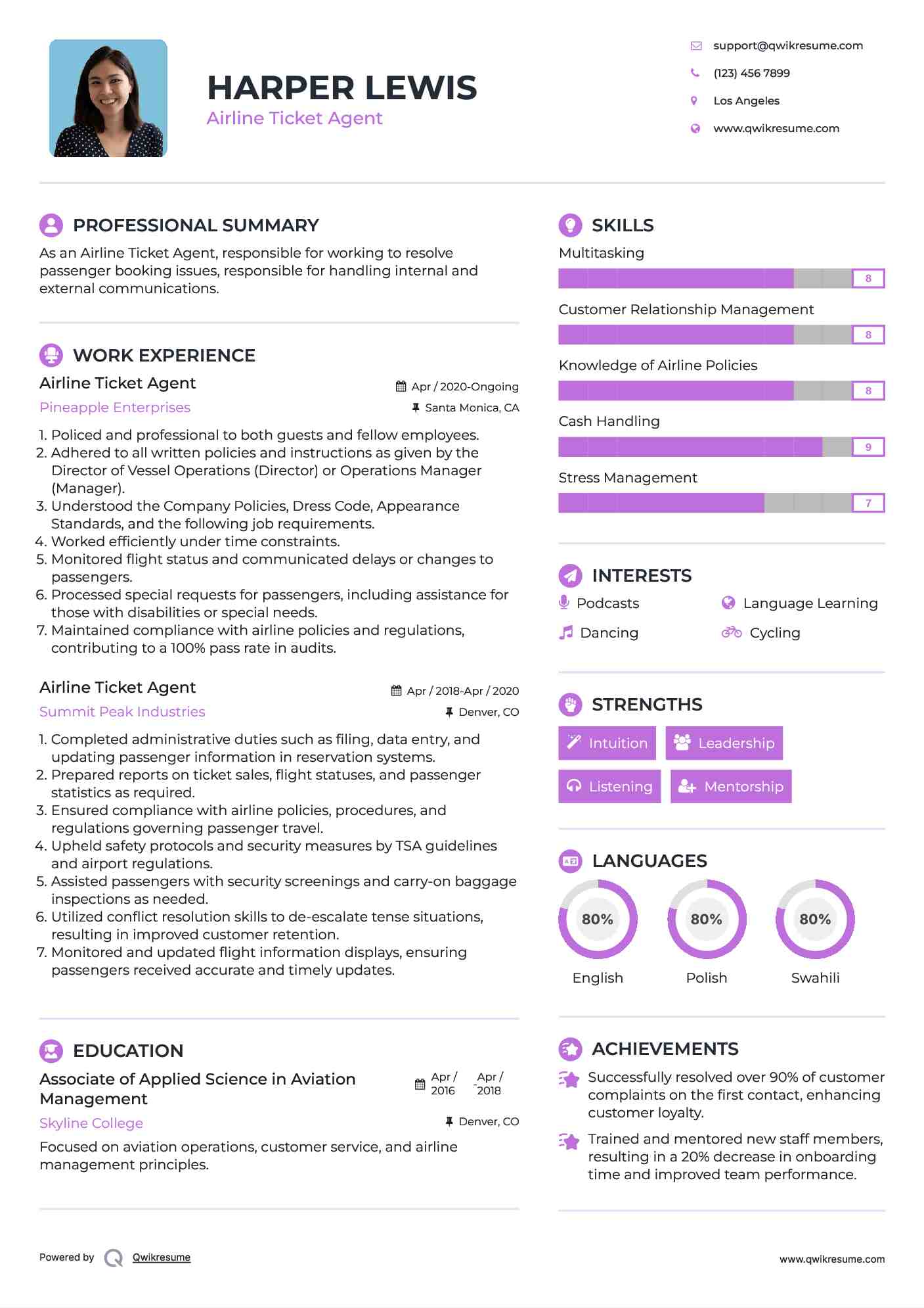 Airline Ticket Agent Resume Model