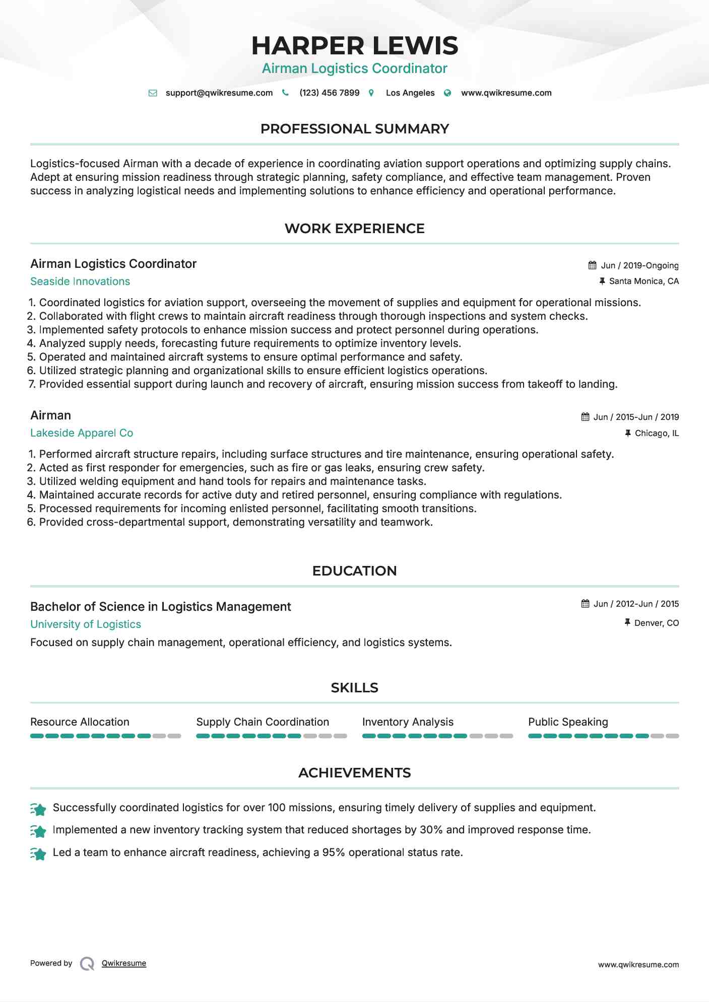 Airman Logistics Coordinator Resume Sample