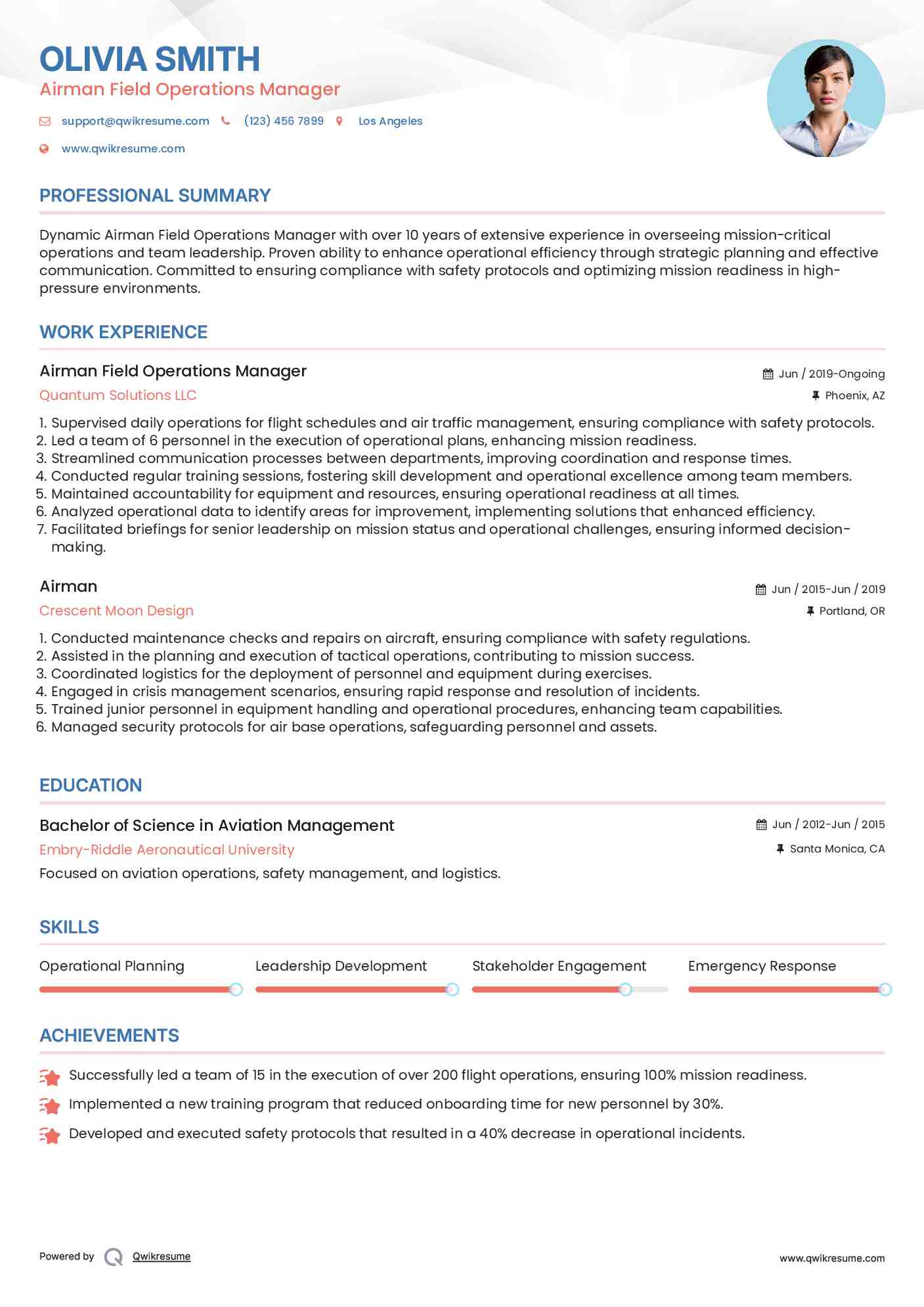 Airman Field Operations Manager Resume Sample