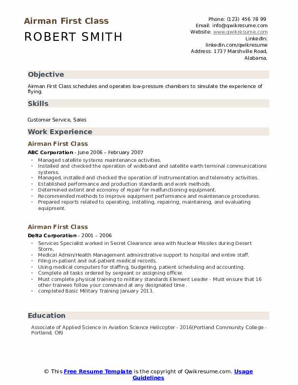 Airman First Class Resume Samples QwikResume