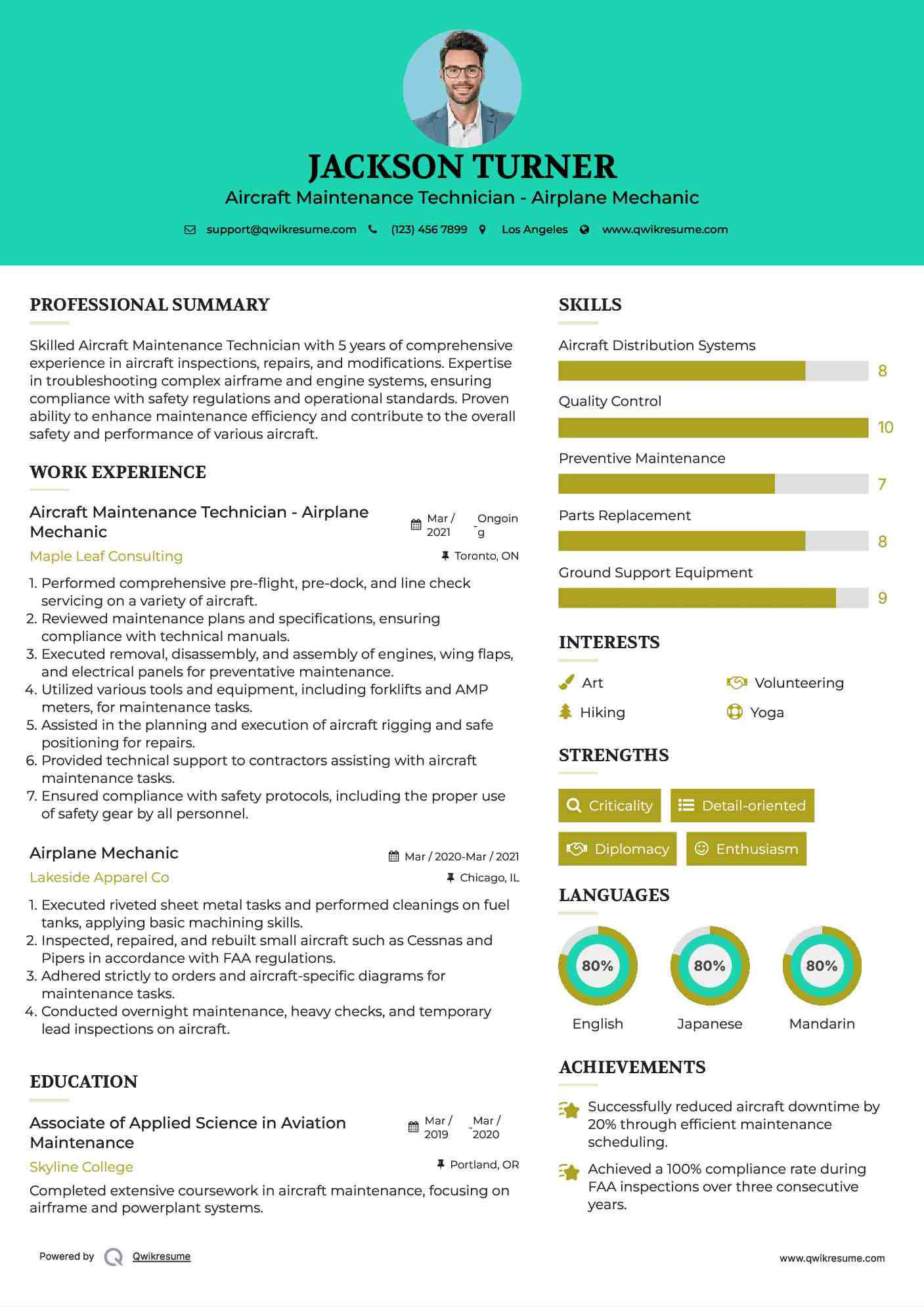 Aircraft Maintenance Technician - Airplane Mechanic Resume Format