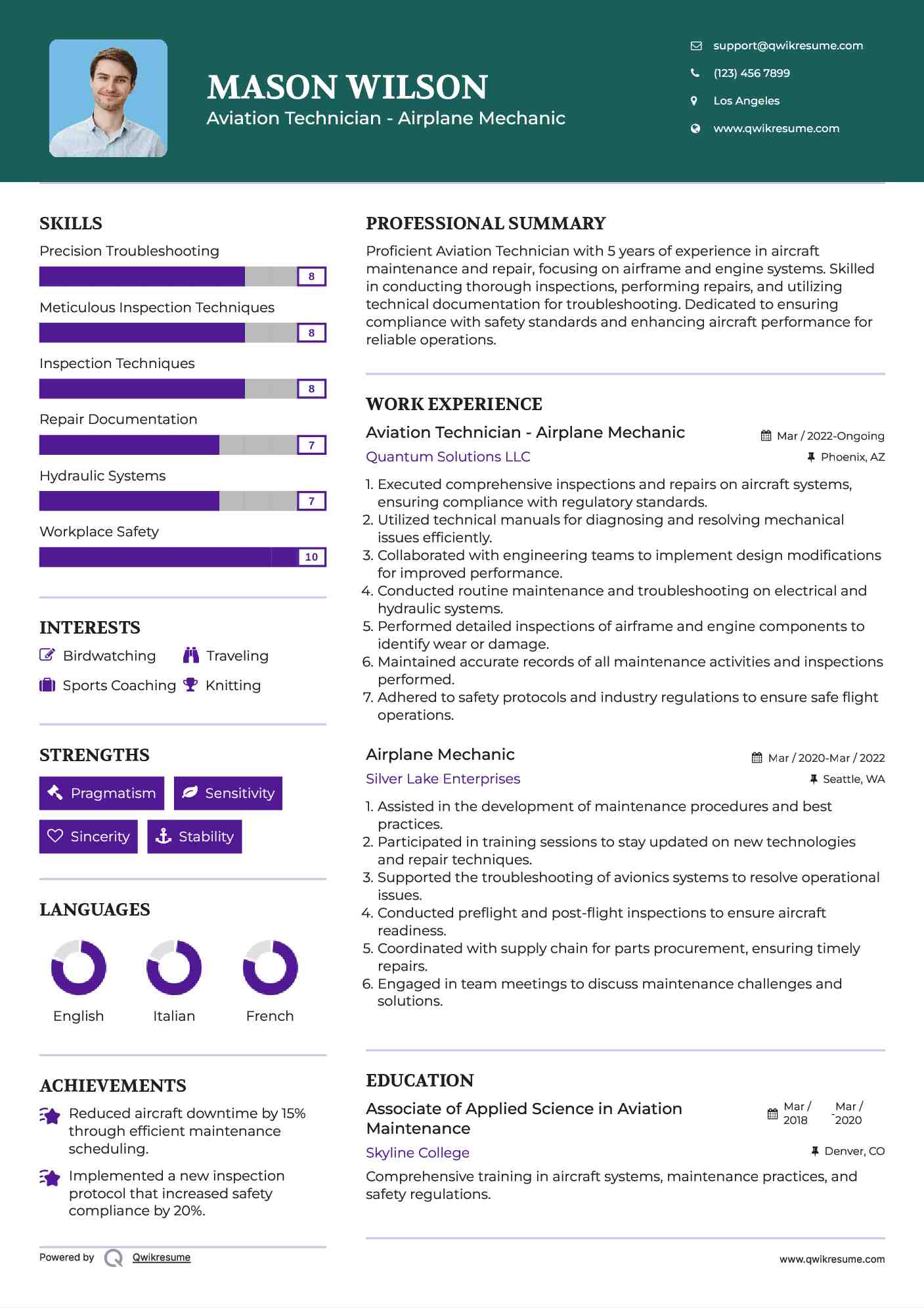 Aviation Technician - Airplane Mechanic Resume Example