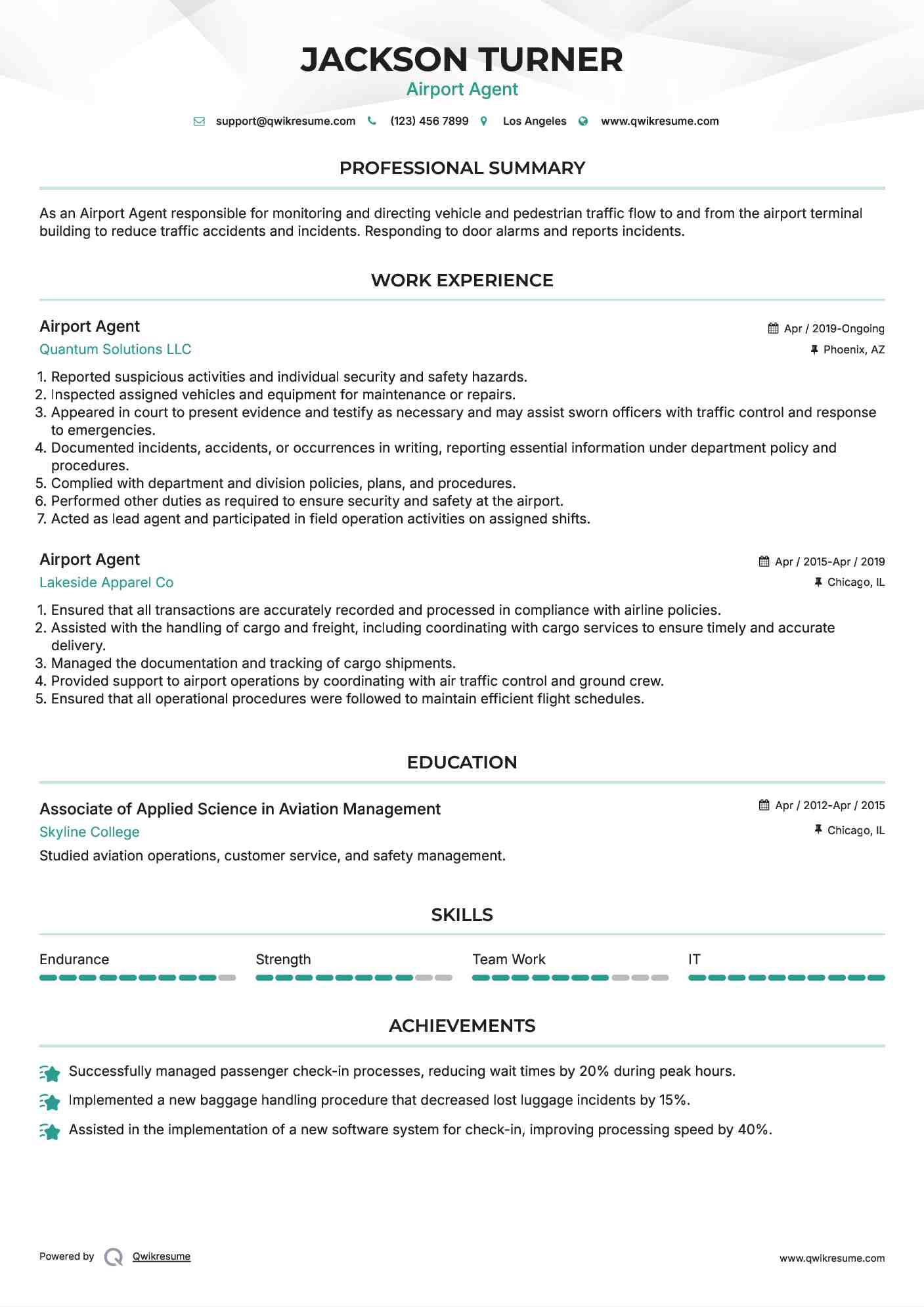 Airport Agent  Resume Sample