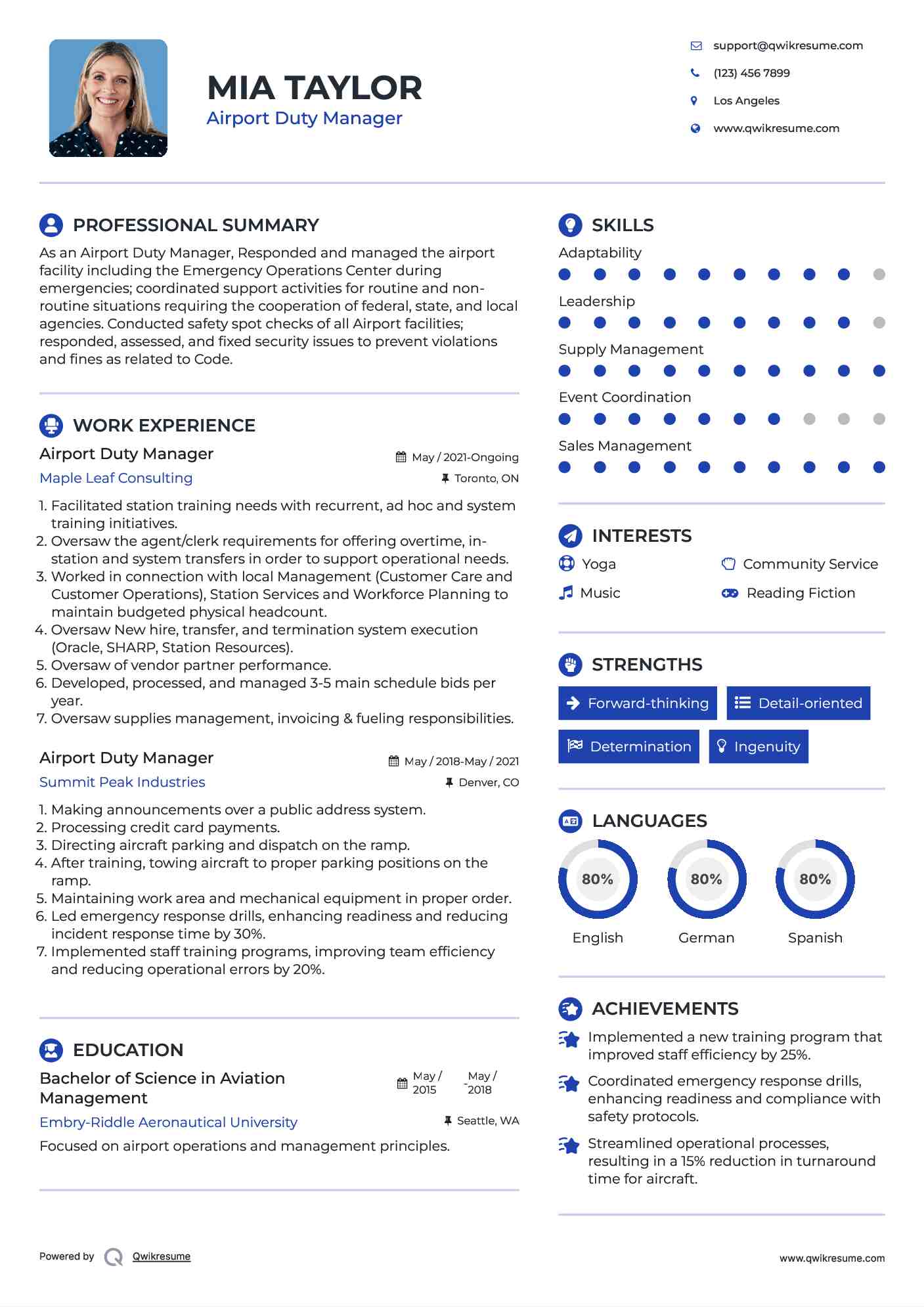 Airport Duty Manager Resume Example
