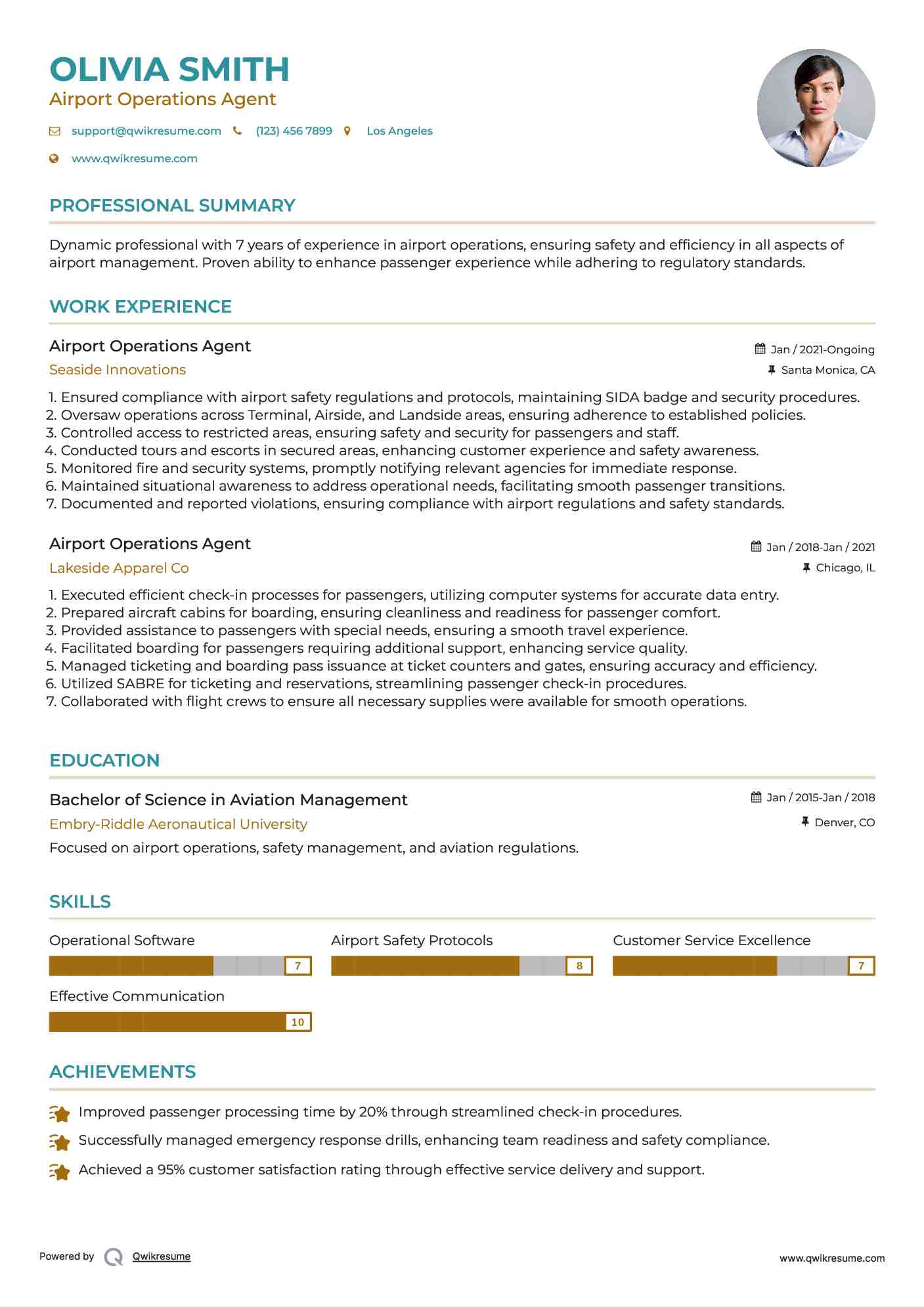 Airport Operations Agent Resume Format