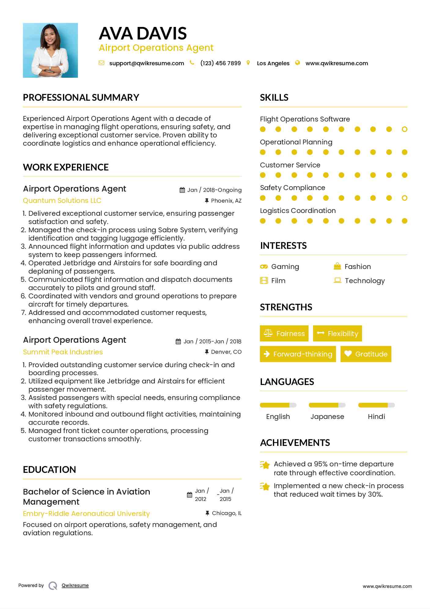 Airport Operations Agent Resume Template