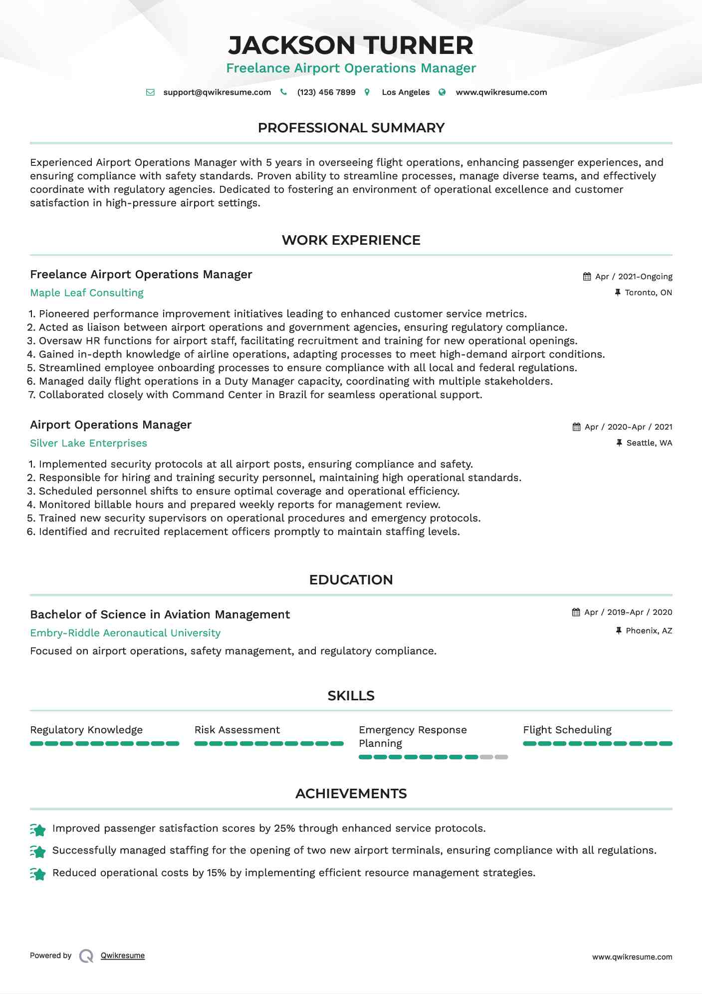 Freelance Airport Operations Manager Resume Example