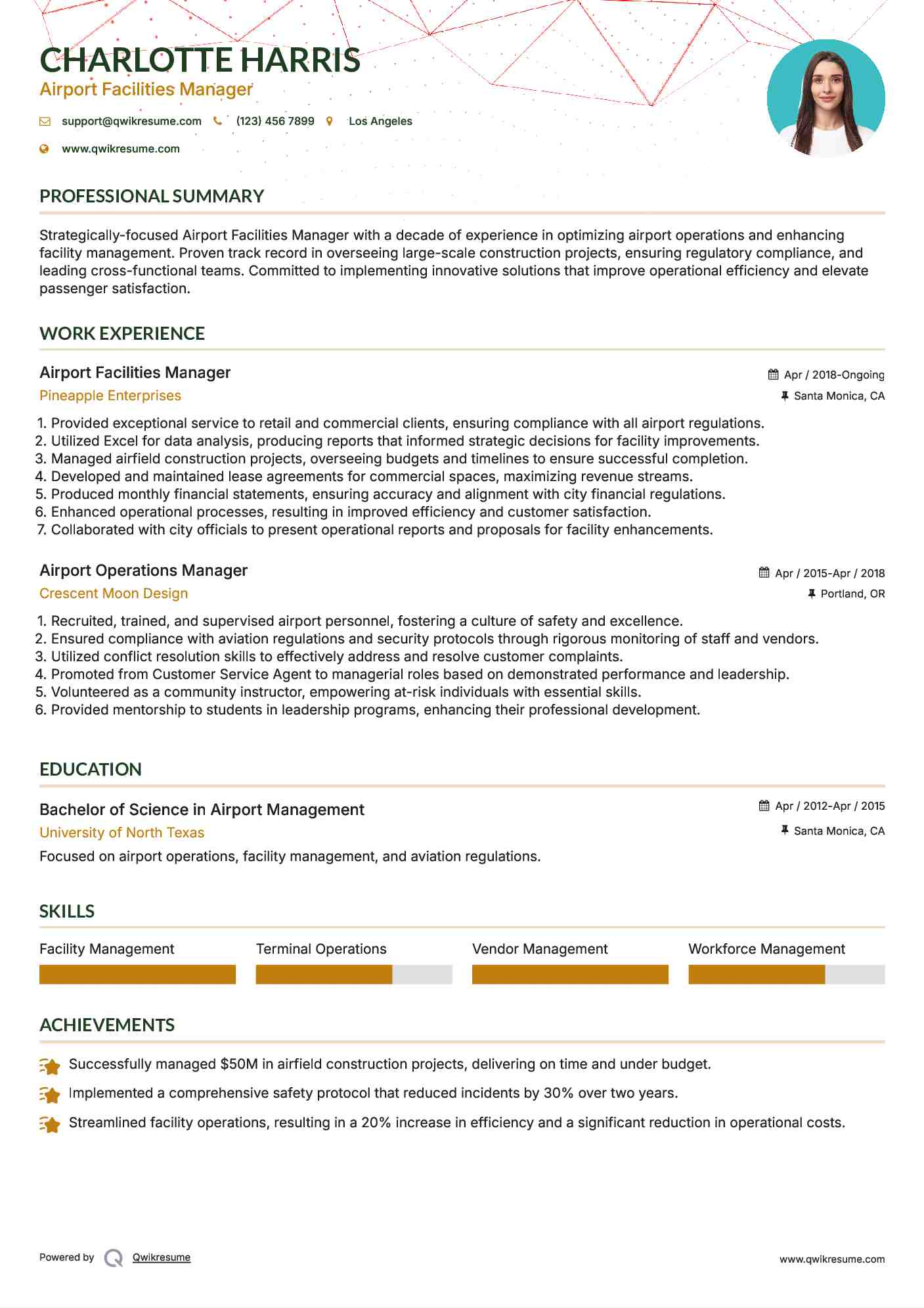 Airport Facilities Manager Resume Example