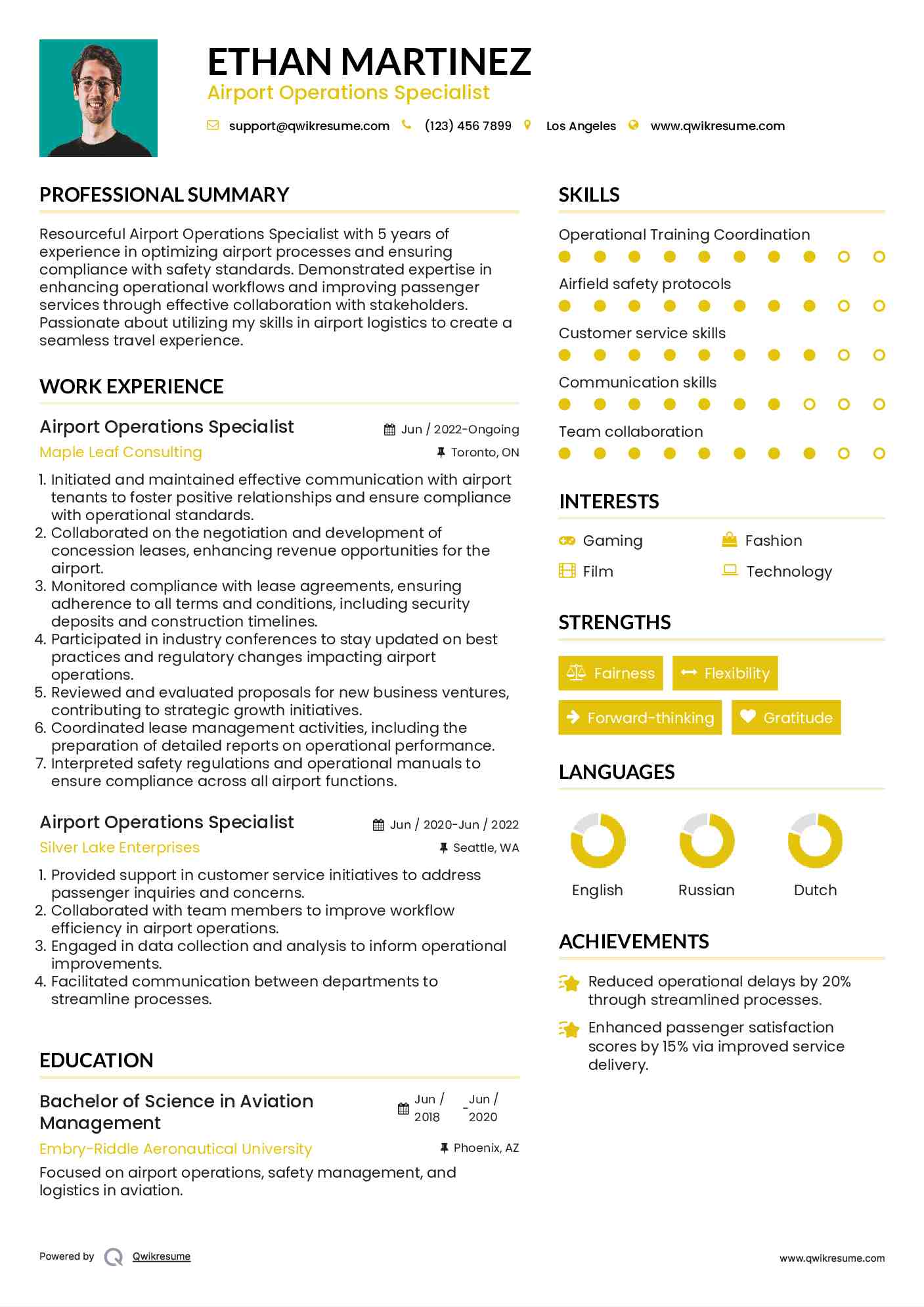 Airport Operations Specialist Resume Example