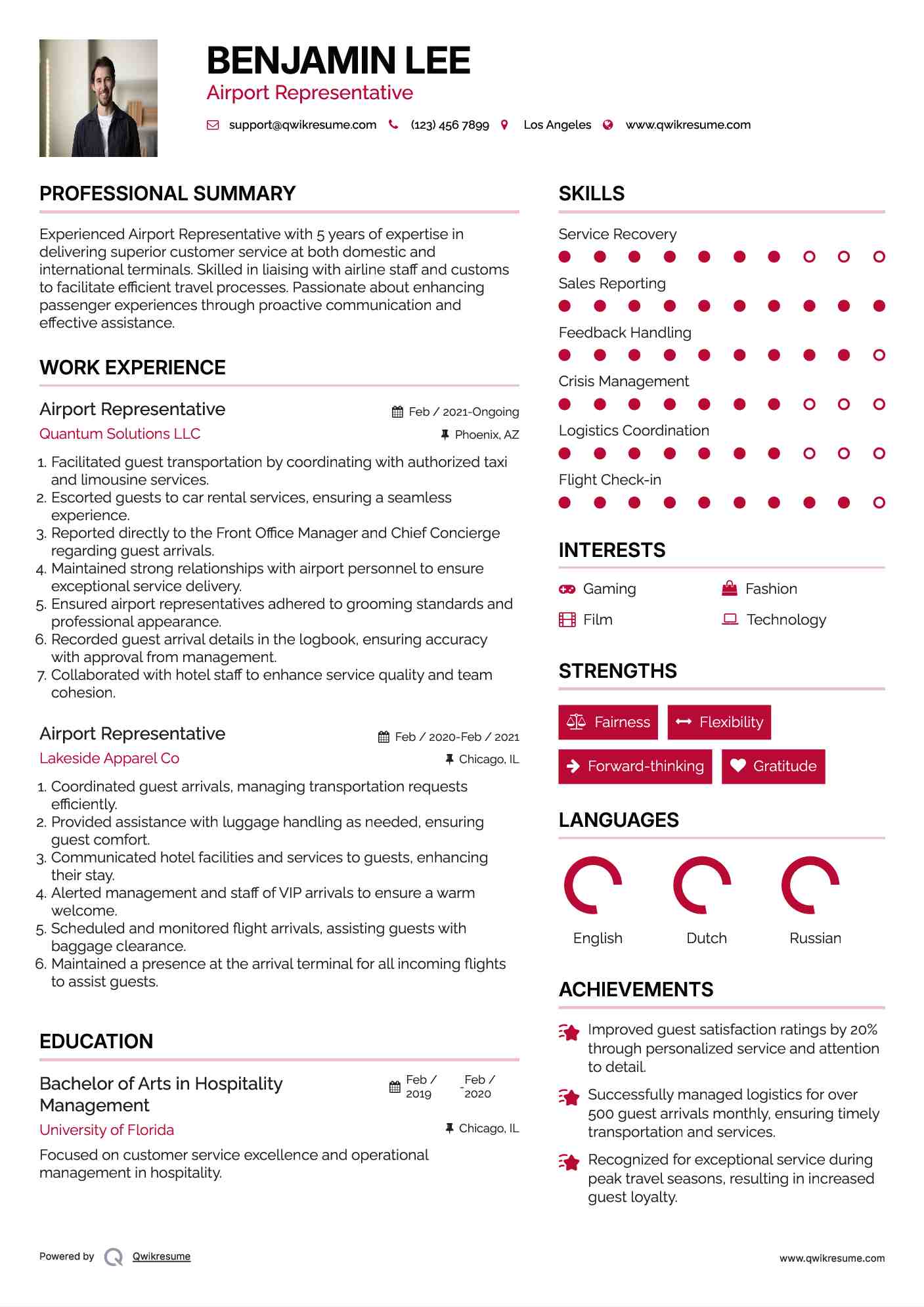 Airport Representative Resume Sample