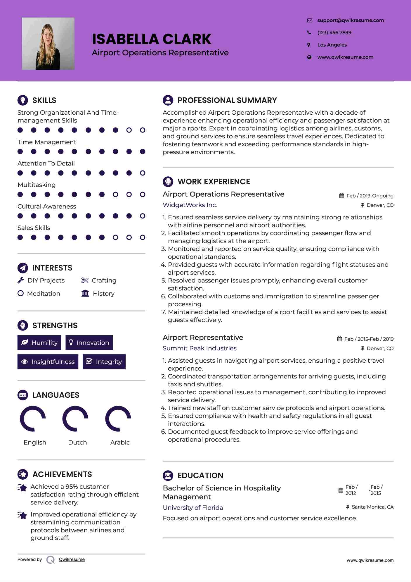 Airport Operations Representative Resume Sample