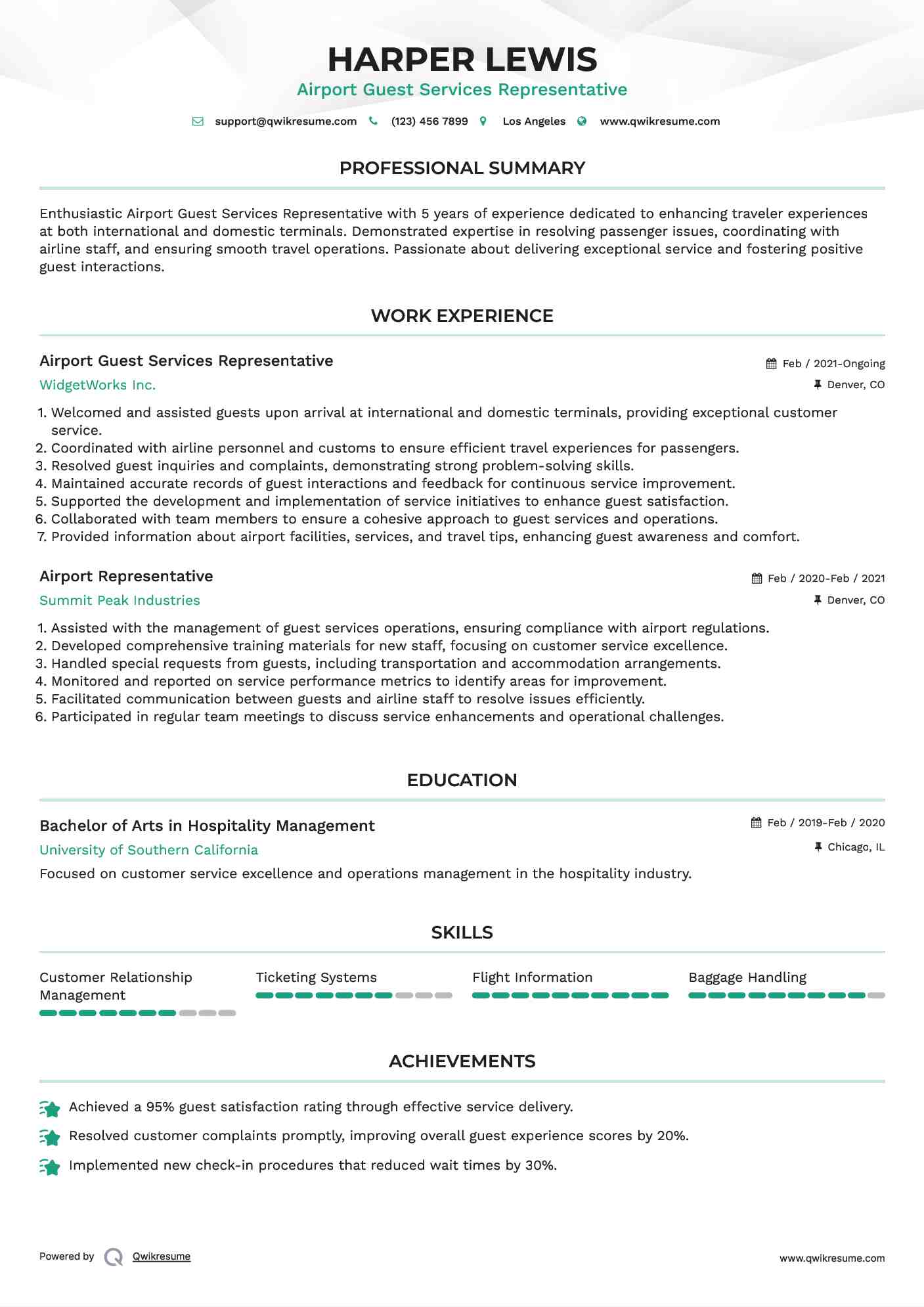 Airport Guest Services Representative Resume Example