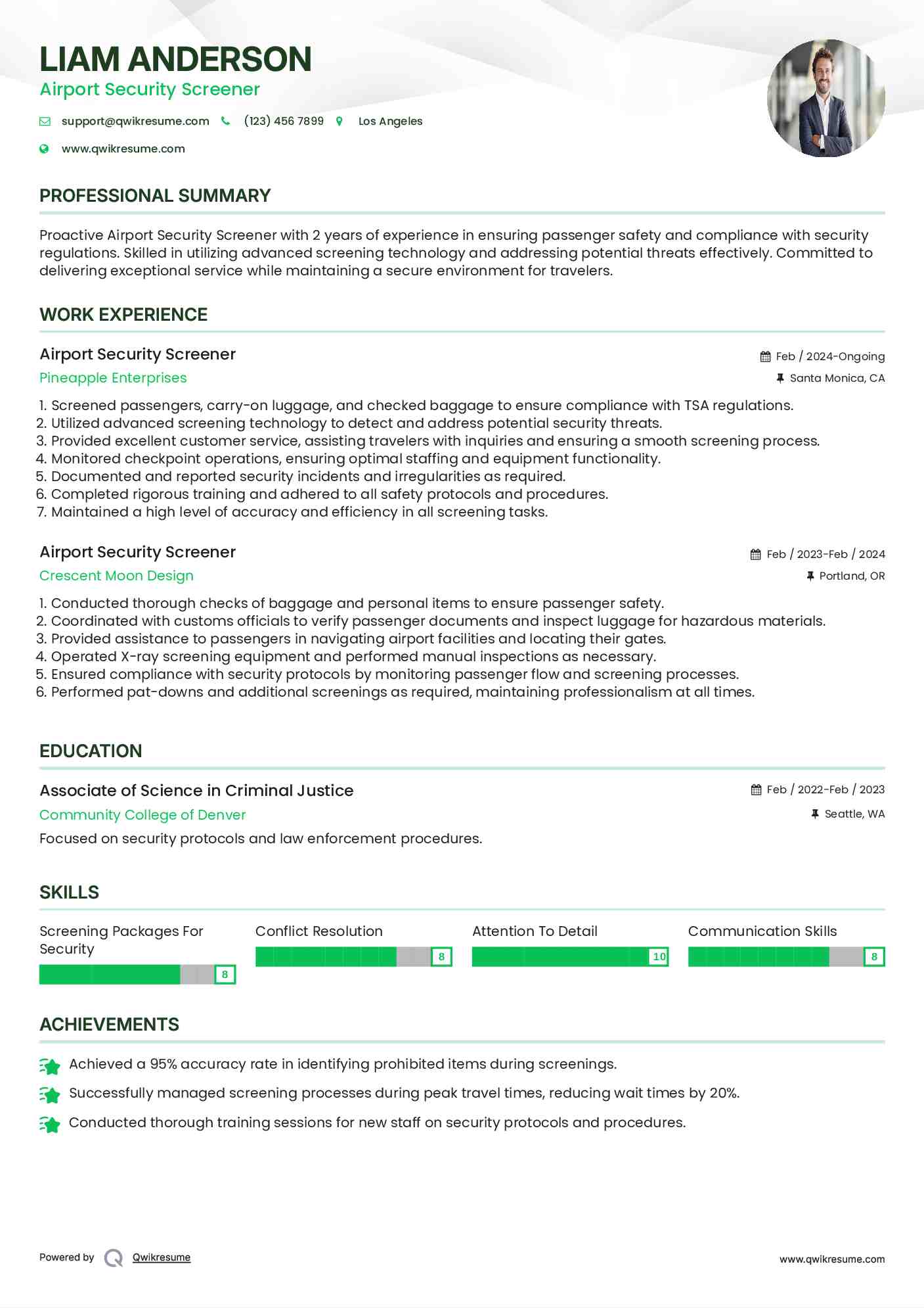 Airport Security Screener Resume Template