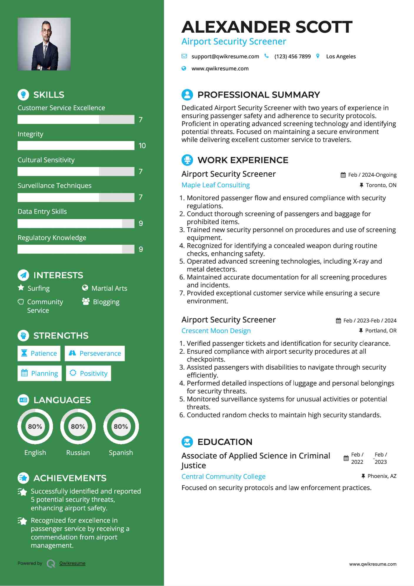 Airport Security Screener Resume Model