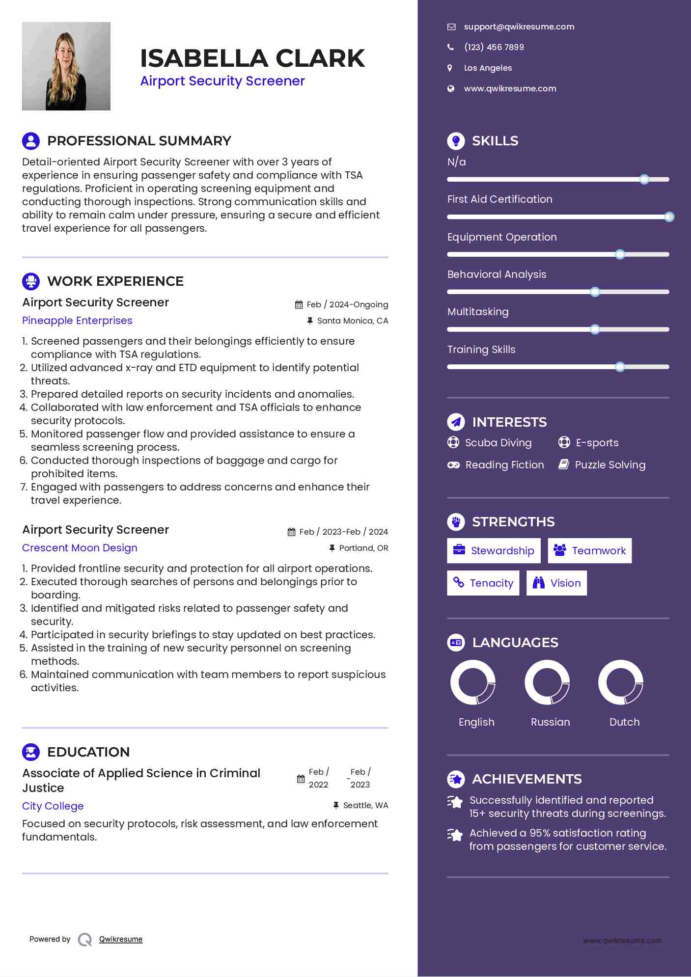Airport Security Screener Resume Example