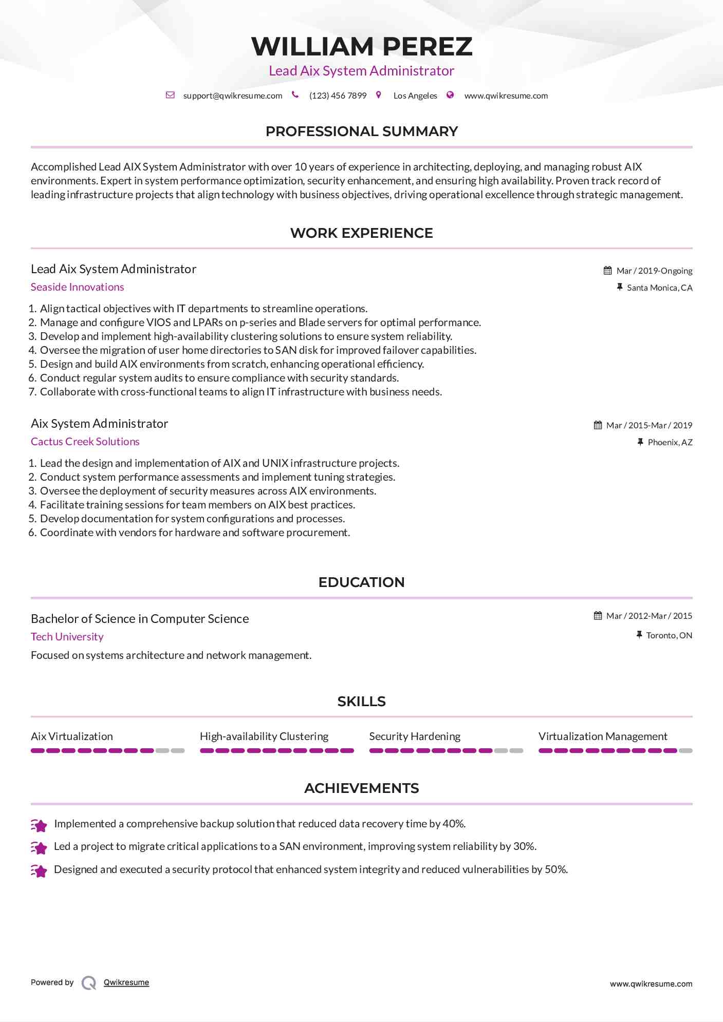 Lead Aix System Administrator Resume Sample