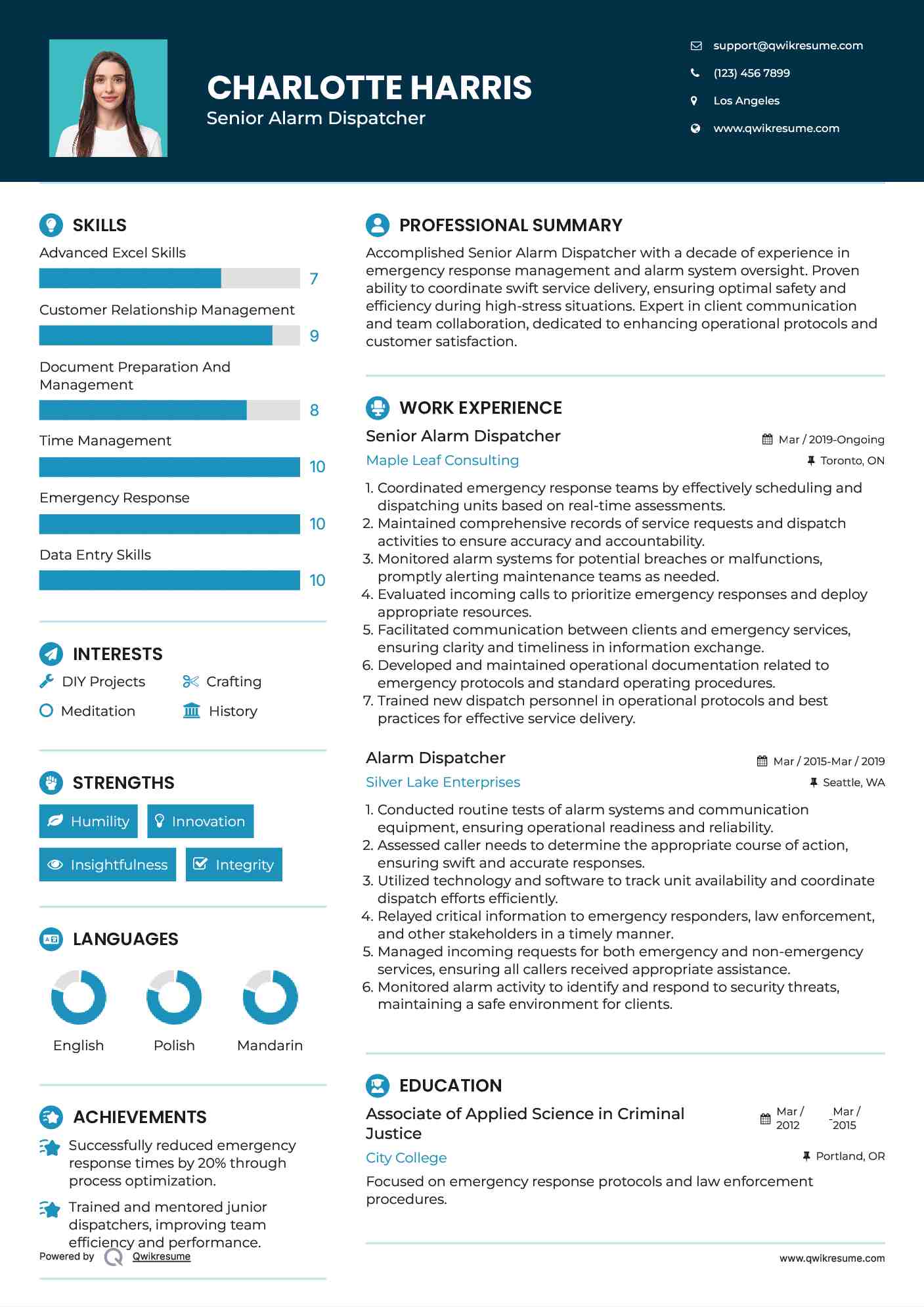 Senior Alarm Dispatcher  Resume Sample