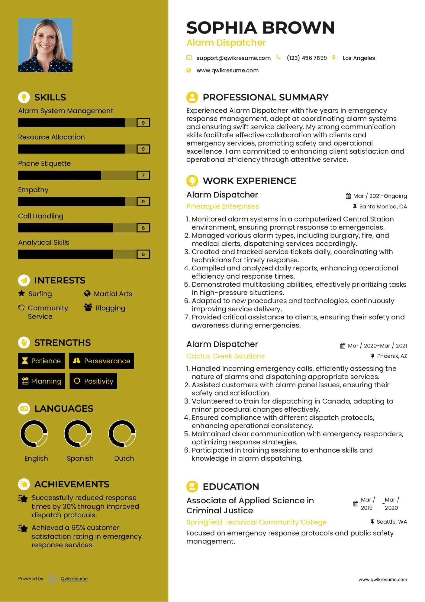 Alarm Dispatcher Resume Model