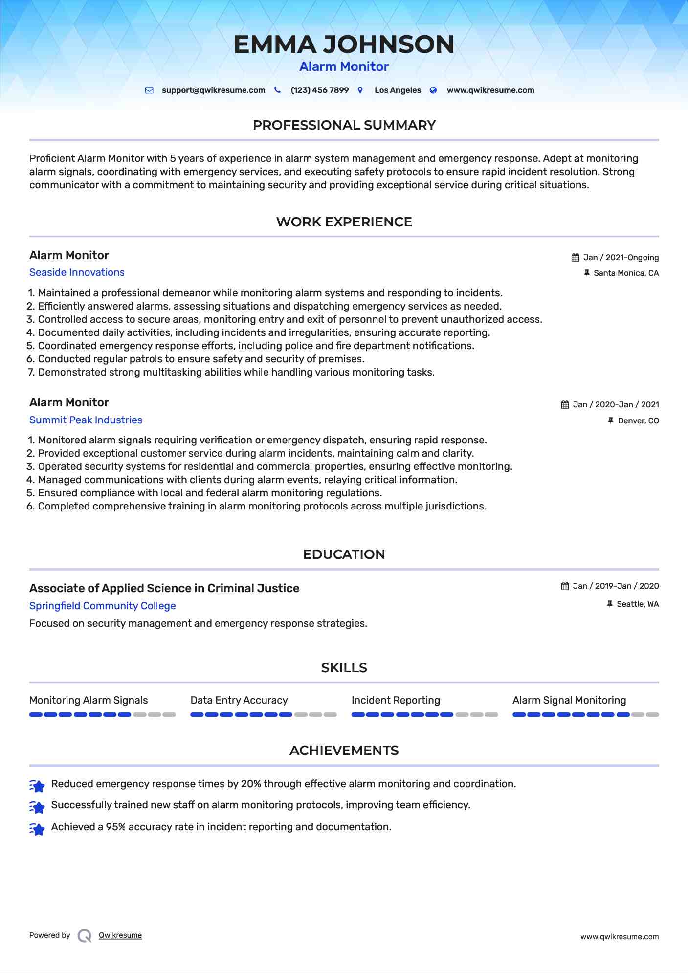 Alarm Monitor Resume Format