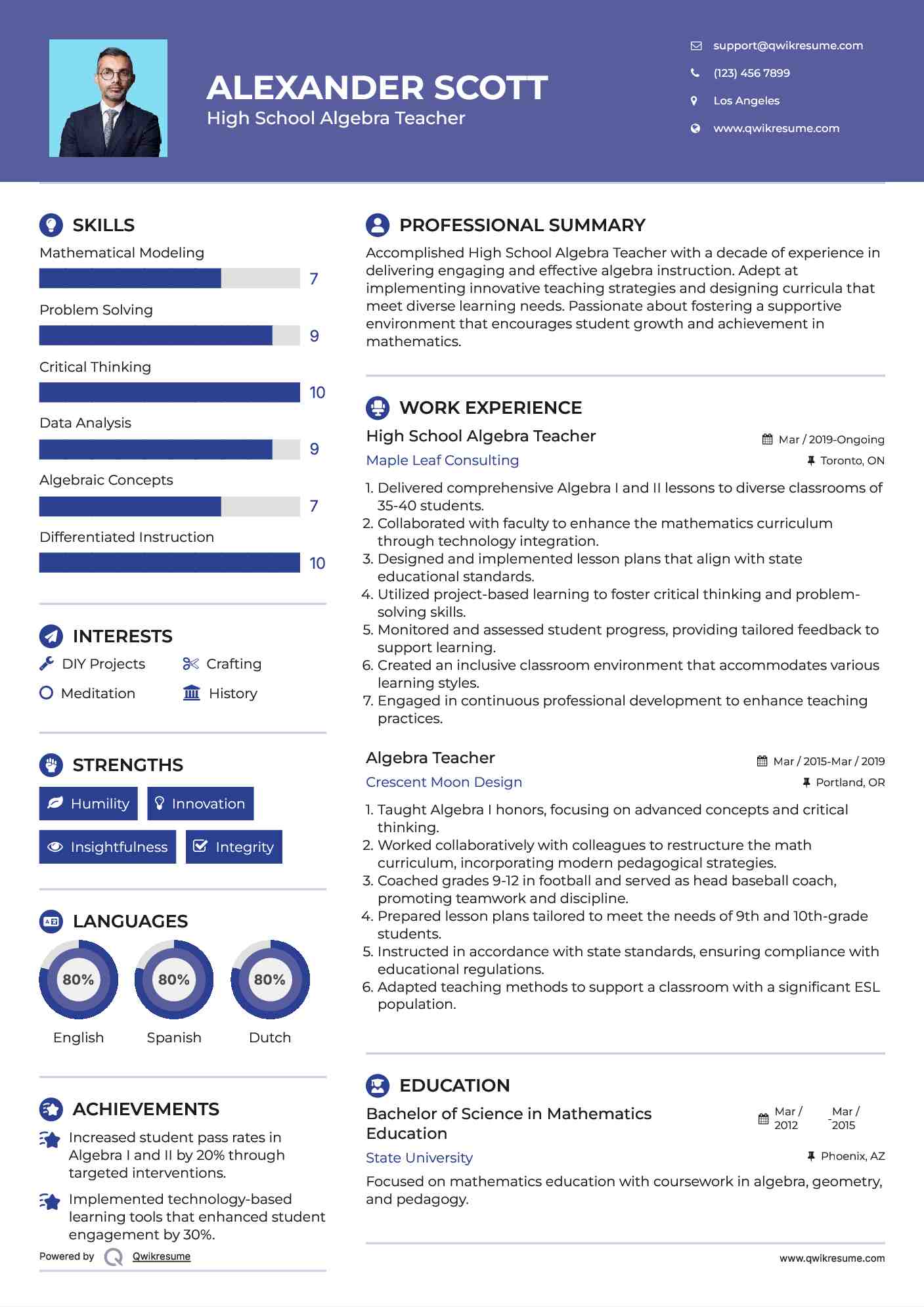 High School Algebra Teacher Resume Template