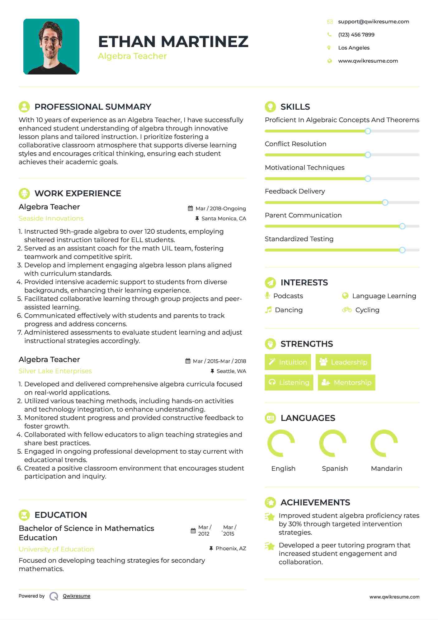 Algebra Teacher Resume Sample