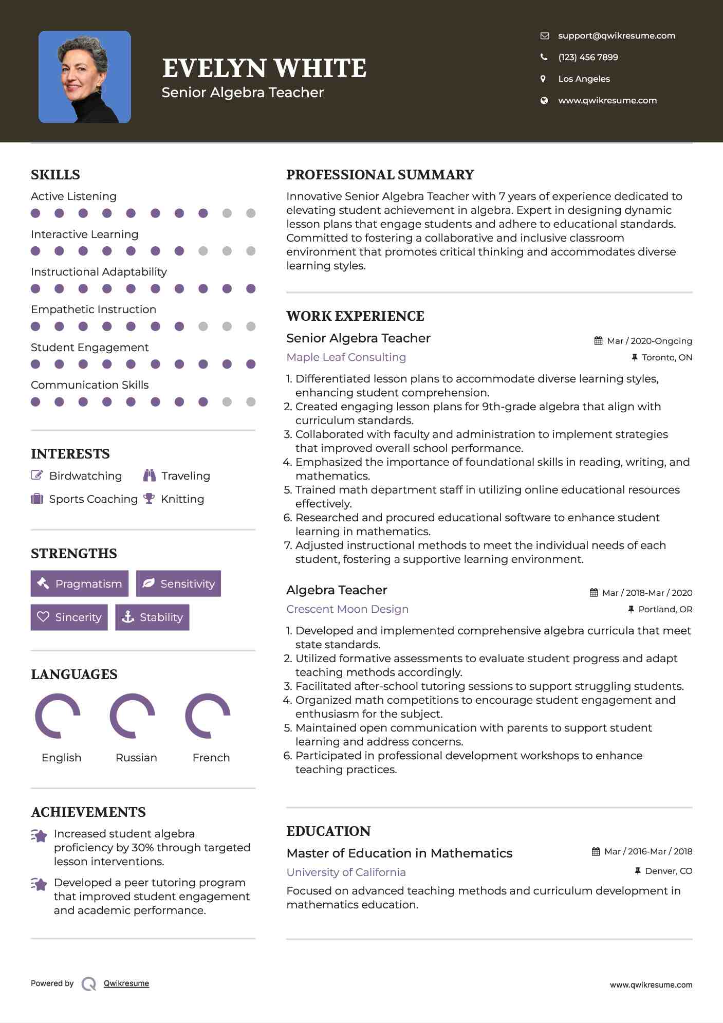Senior Algebra Teacher Resume Model