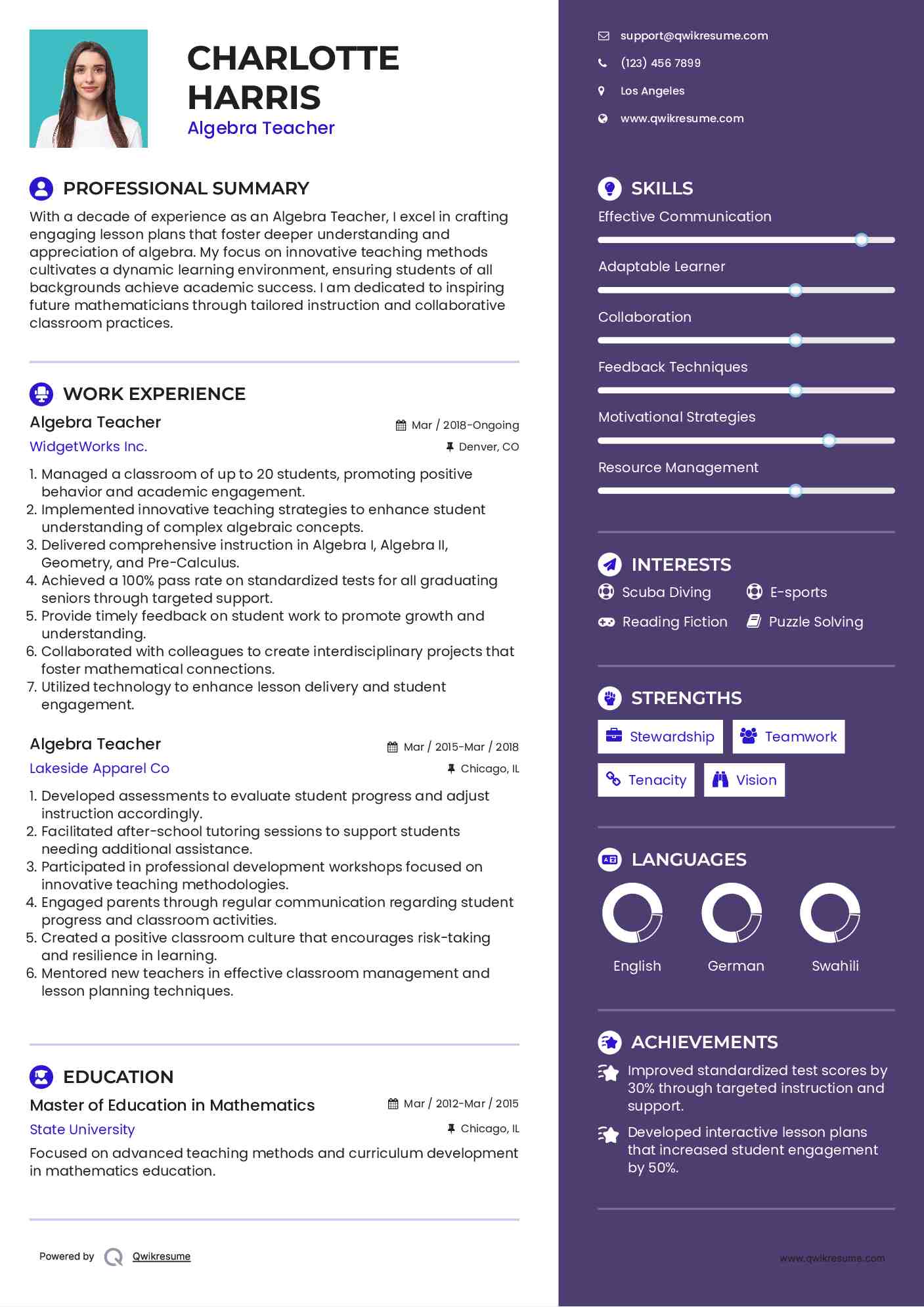 Algebra Teacher Resume Format