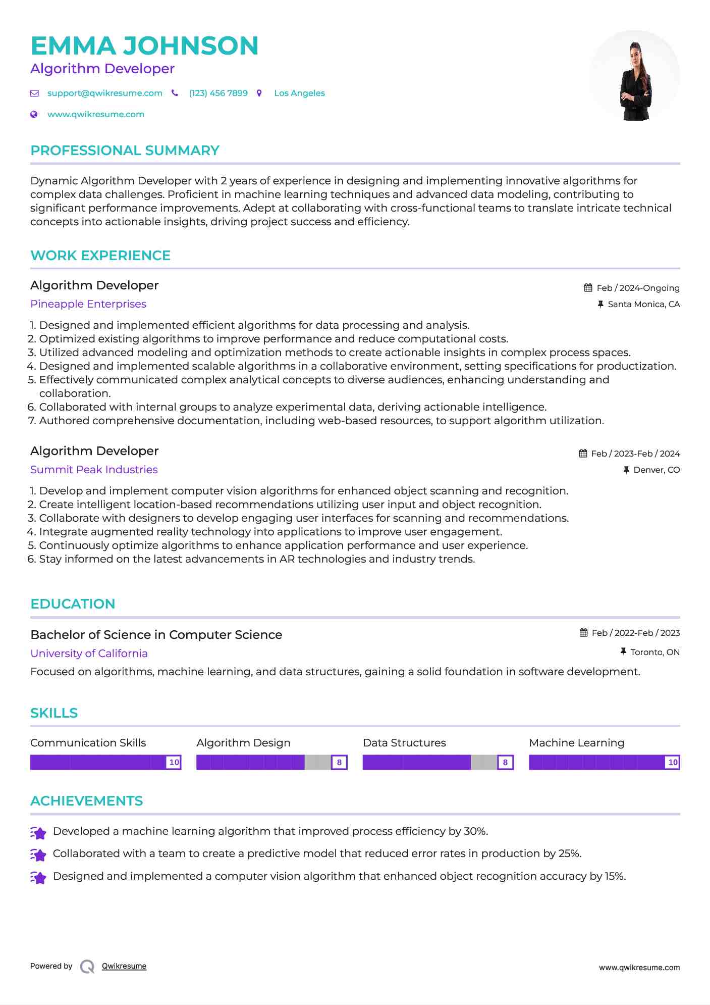 Algorithm Developer Resume Sample
