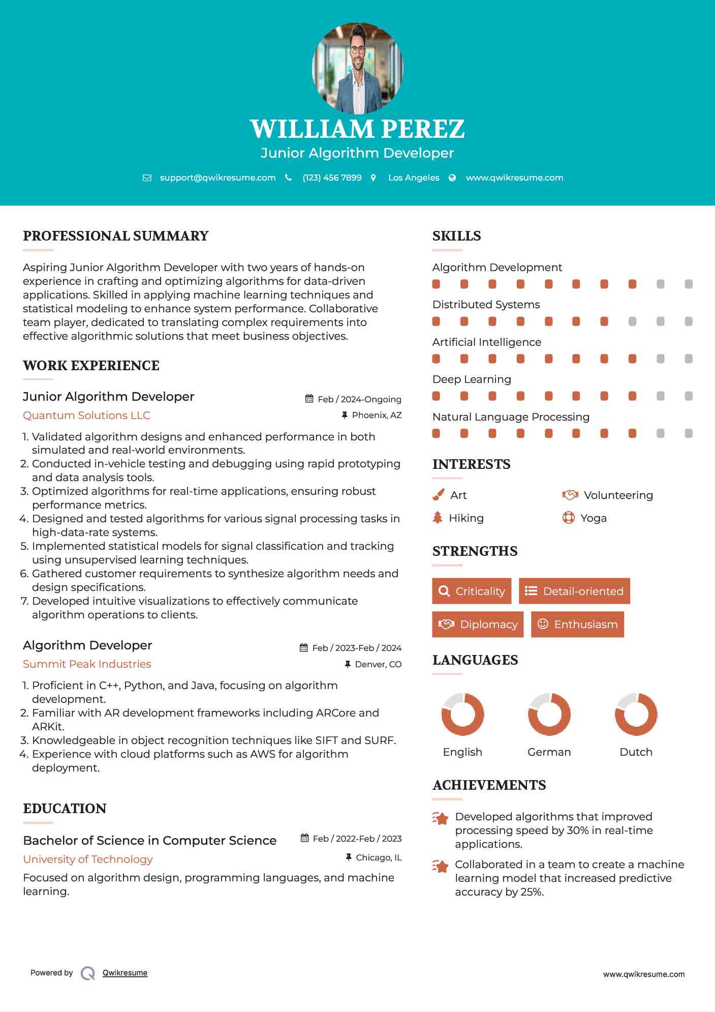 Junior Algorithm Developer Resume Example